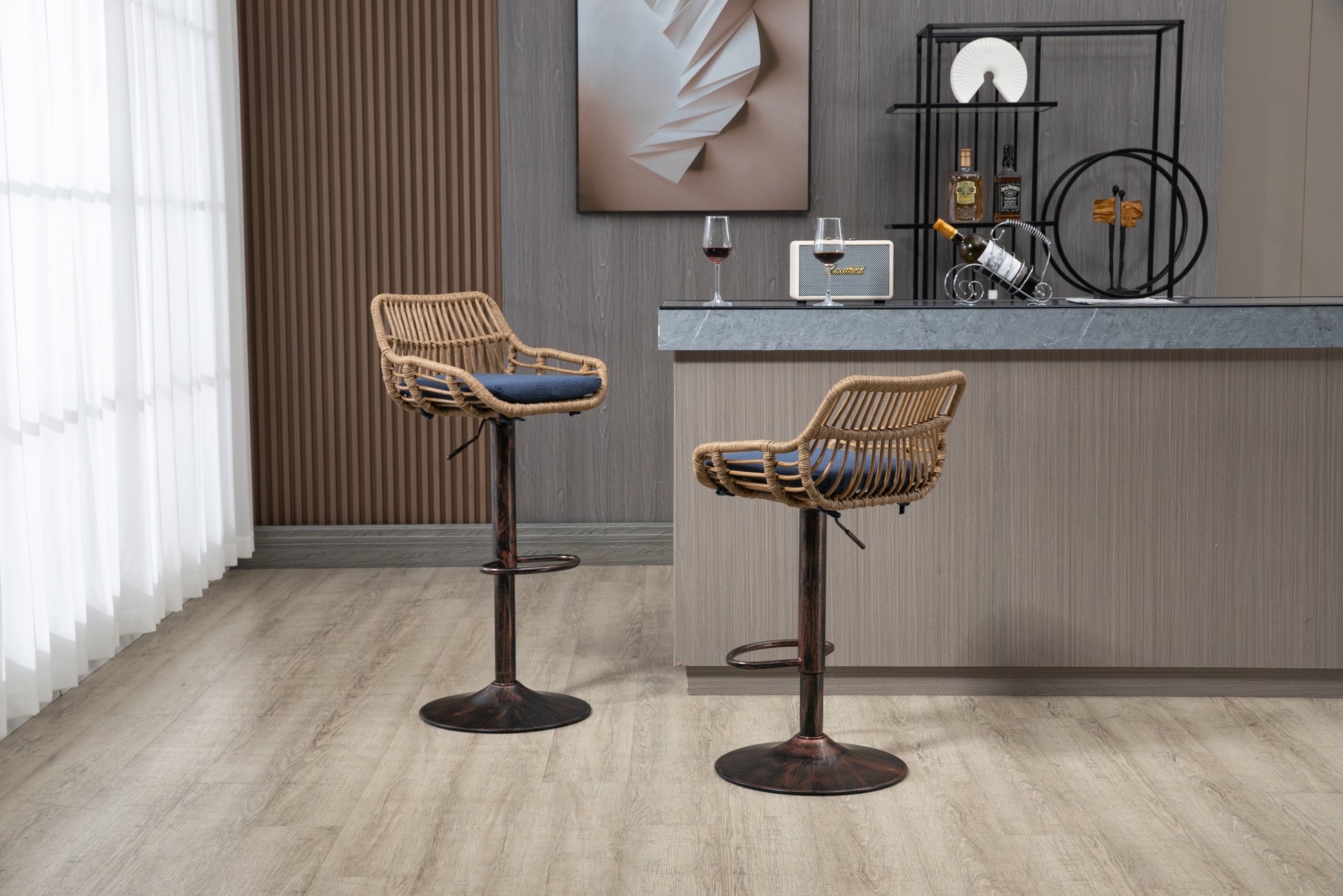 Coolmore Swivel Bar Stools Set Of 2 Adjustable Counter Height Chairs With Footrest For Kitchen, Dining Room 2Pc Set Blue Polyester