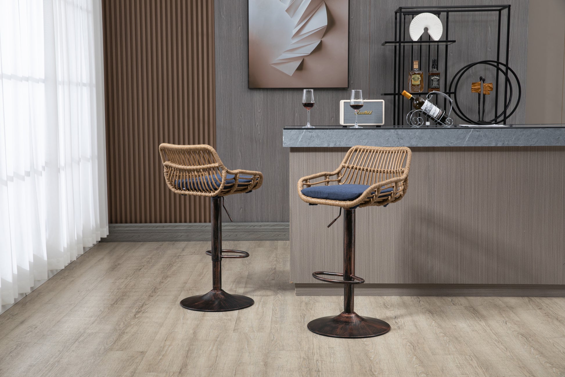 Coolmore Swivel Bar Stools Set Of 2 Adjustable Counter Height Chairs With Footrest For Kitchen, Dining Room 2Pc Set Blue Polyester