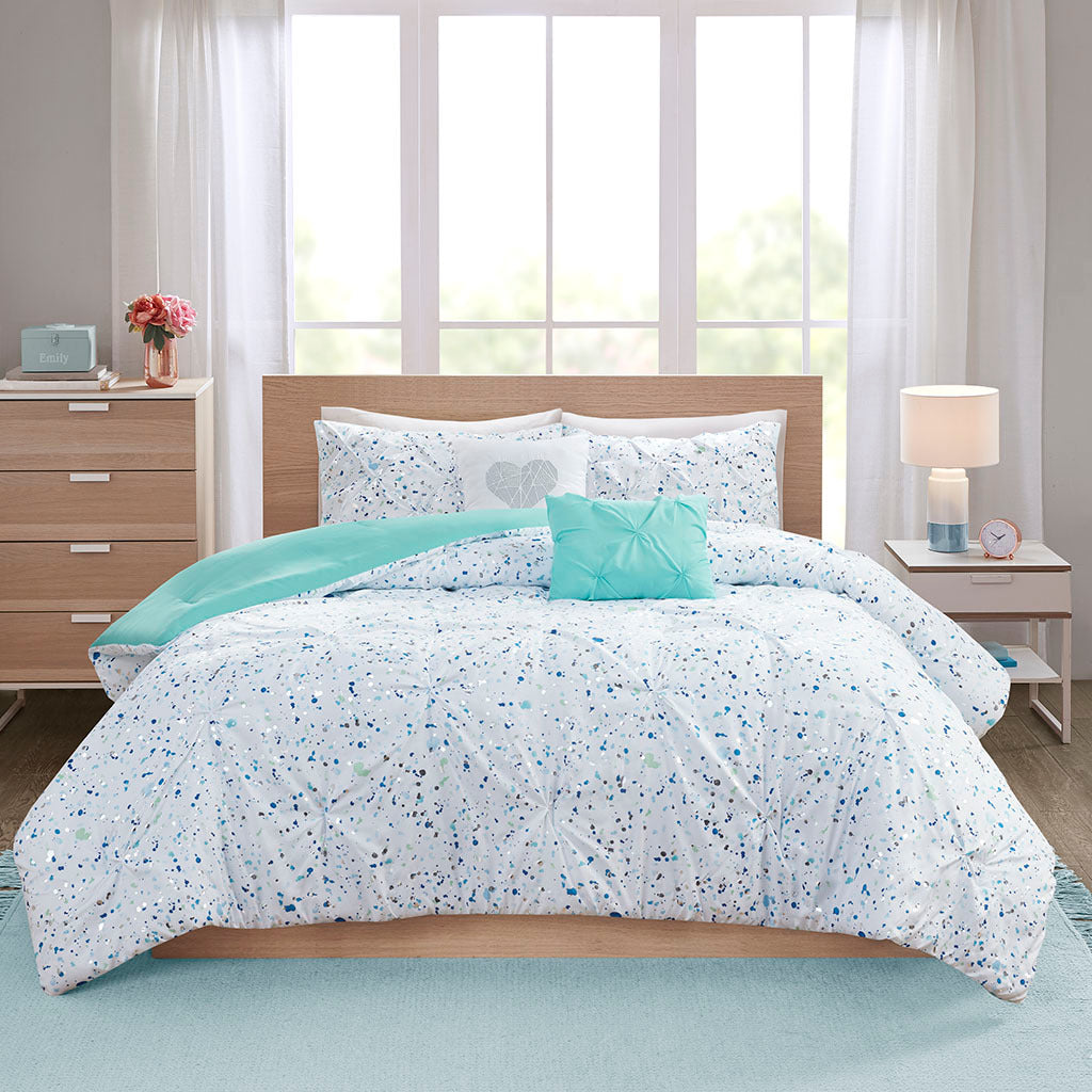 Metallic Printed And Pintucked Comforter Set Twin Aqua Blue Polyester