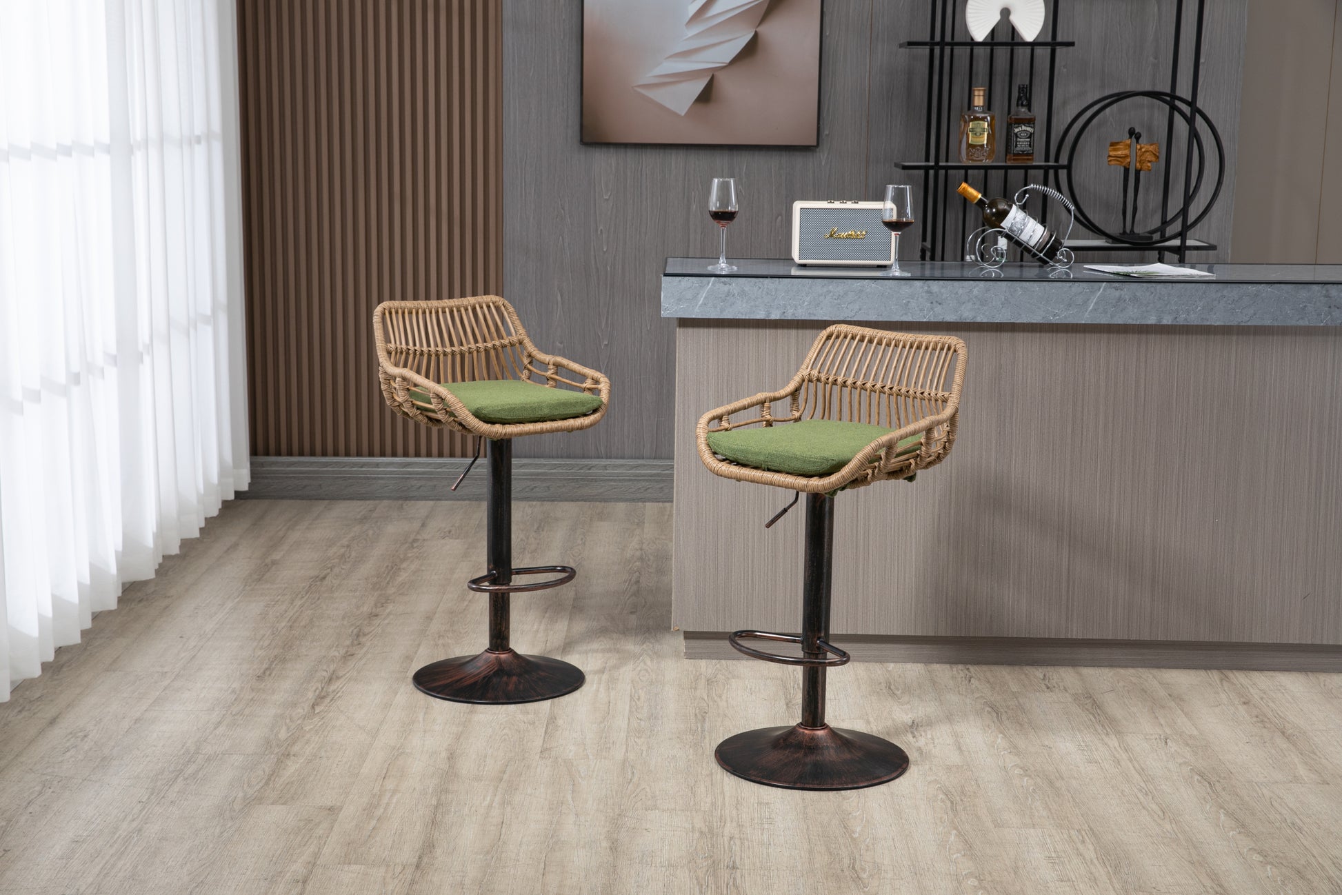 Coolmore Swivel Bar Stools Set Of 2 Adjustable Counter Height Chairs With Footrest For Kitchen, Dining Room 2Pc Set Green Polyester