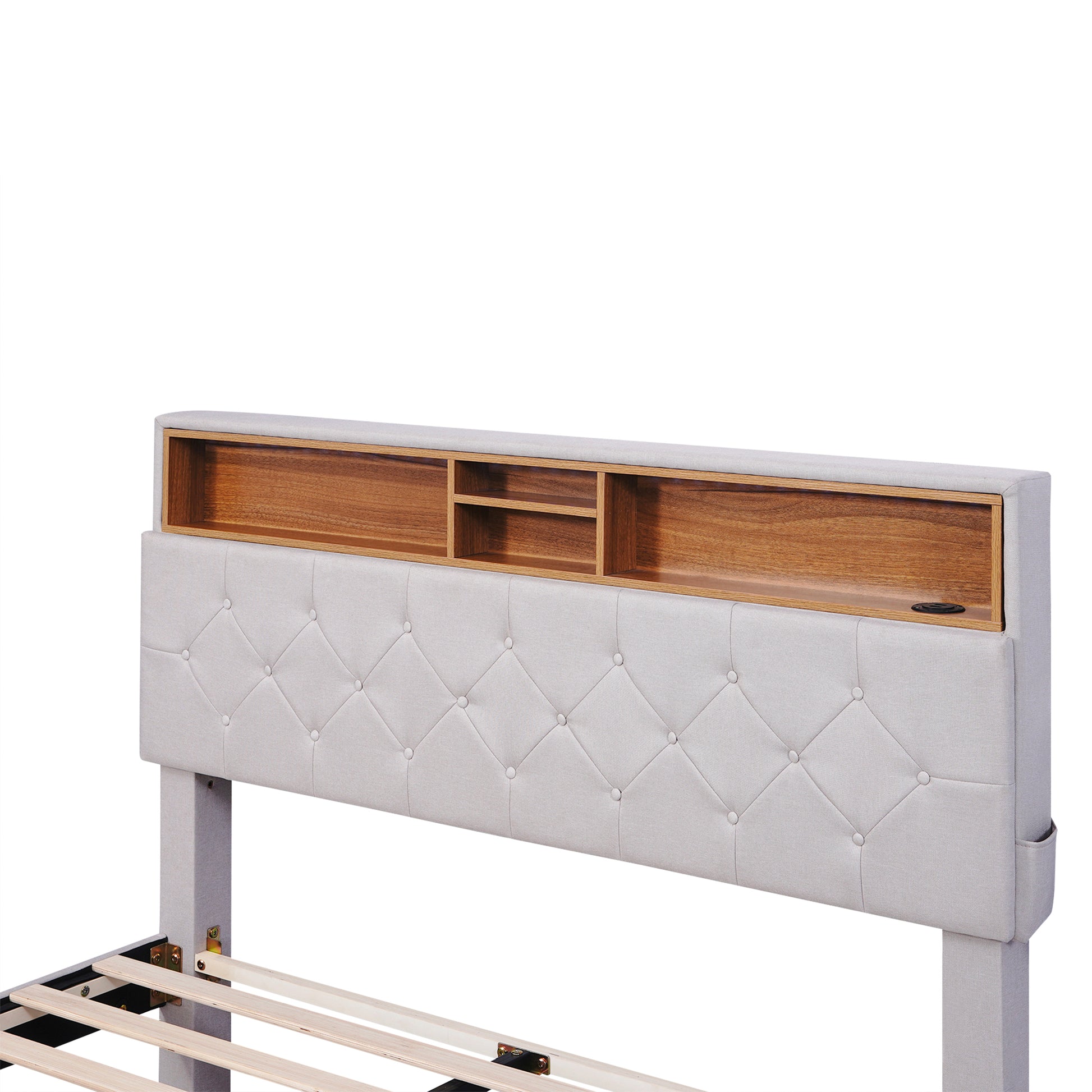 Full Size Upholstered Platform Bed With Storage Headboard, Led, Usb Charging And 2 Drawers, Beige Box Spring Not Required Beige Wood Linen Upholstered