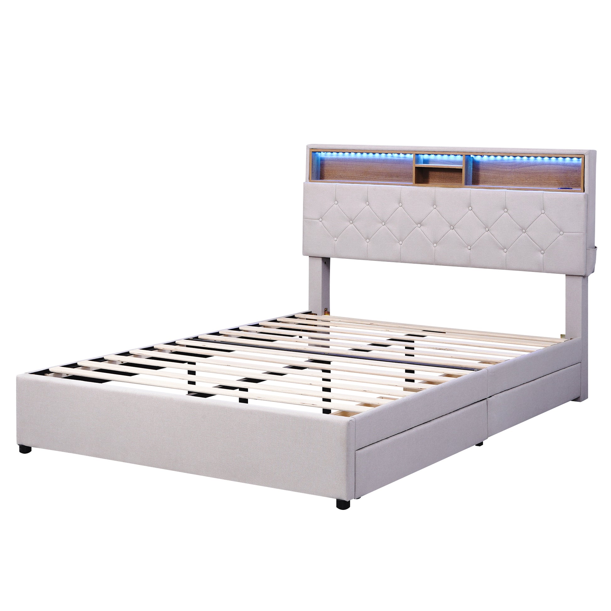 Full Size Upholstered Platform Bed With Storage Headboard, Led, Usb Charging And 2 Drawers, Beige Box Spring Not Required Beige Wood Linen Upholstered