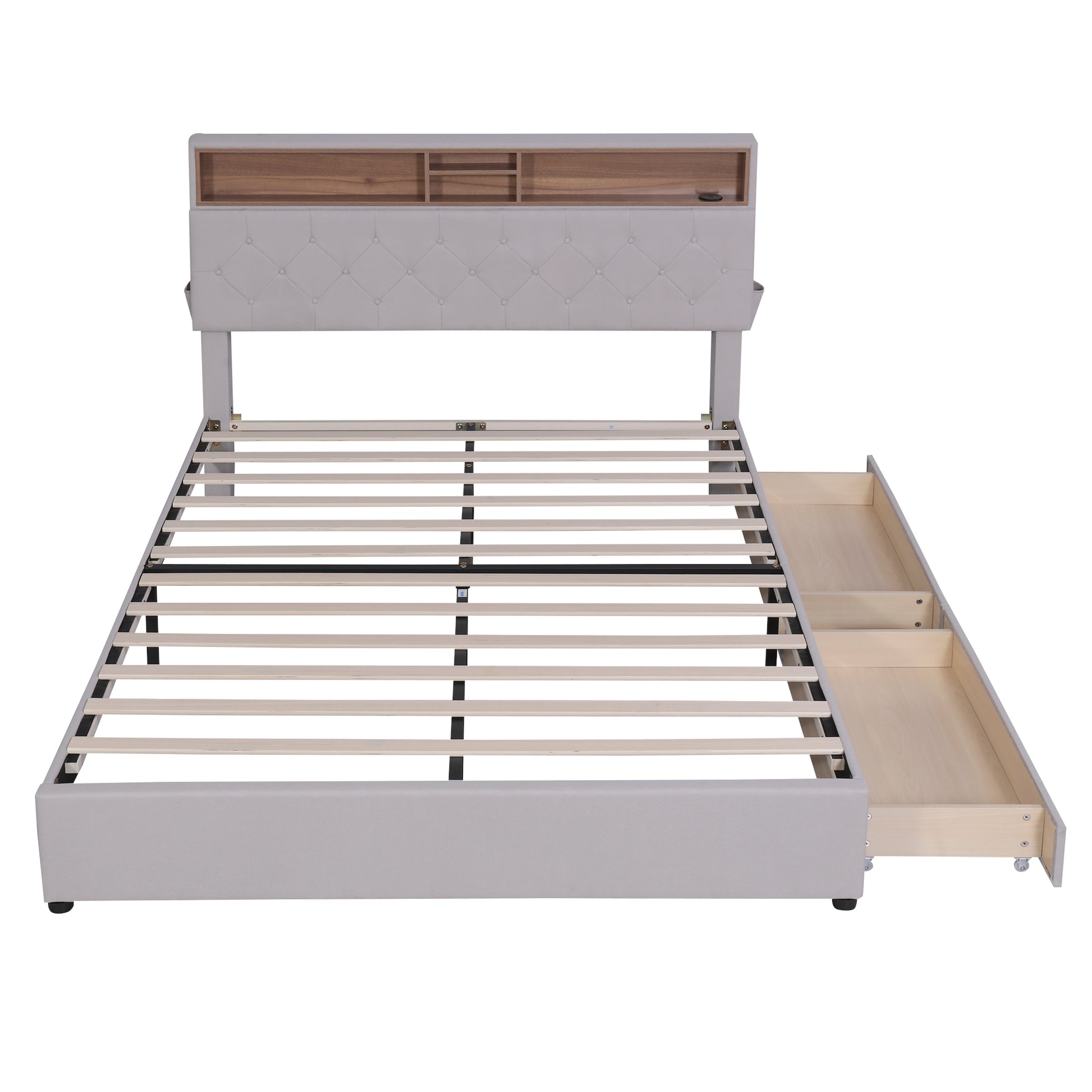 Queen Size Upholstered Platform Bed With Storage Headboard, Led, Usb Charging And 2 Drawers, Beige Beige Upholstered