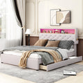 Queen Size Upholstered Platform Bed With Storage Headboard, Led, Usb Charging And 2 Drawers, Beige Beige Upholstered