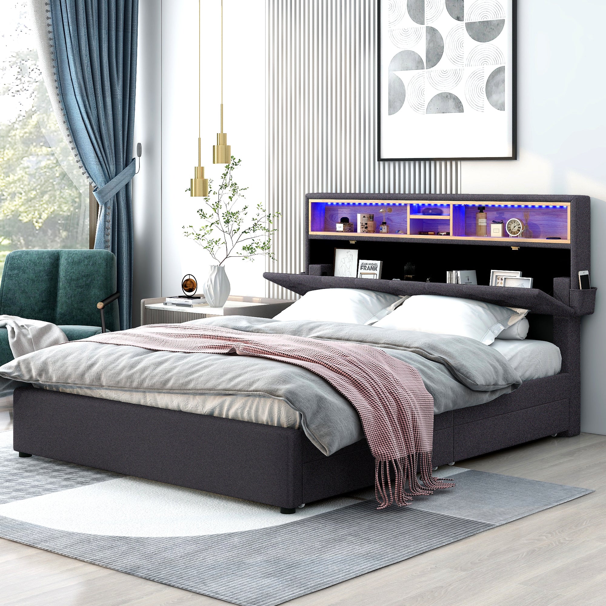 Queen Size Upholstered Platform Bed With Storage Headboard, Led, Usb Charging And 2 Drawers, Dark Gray Dark Gray Upholstered