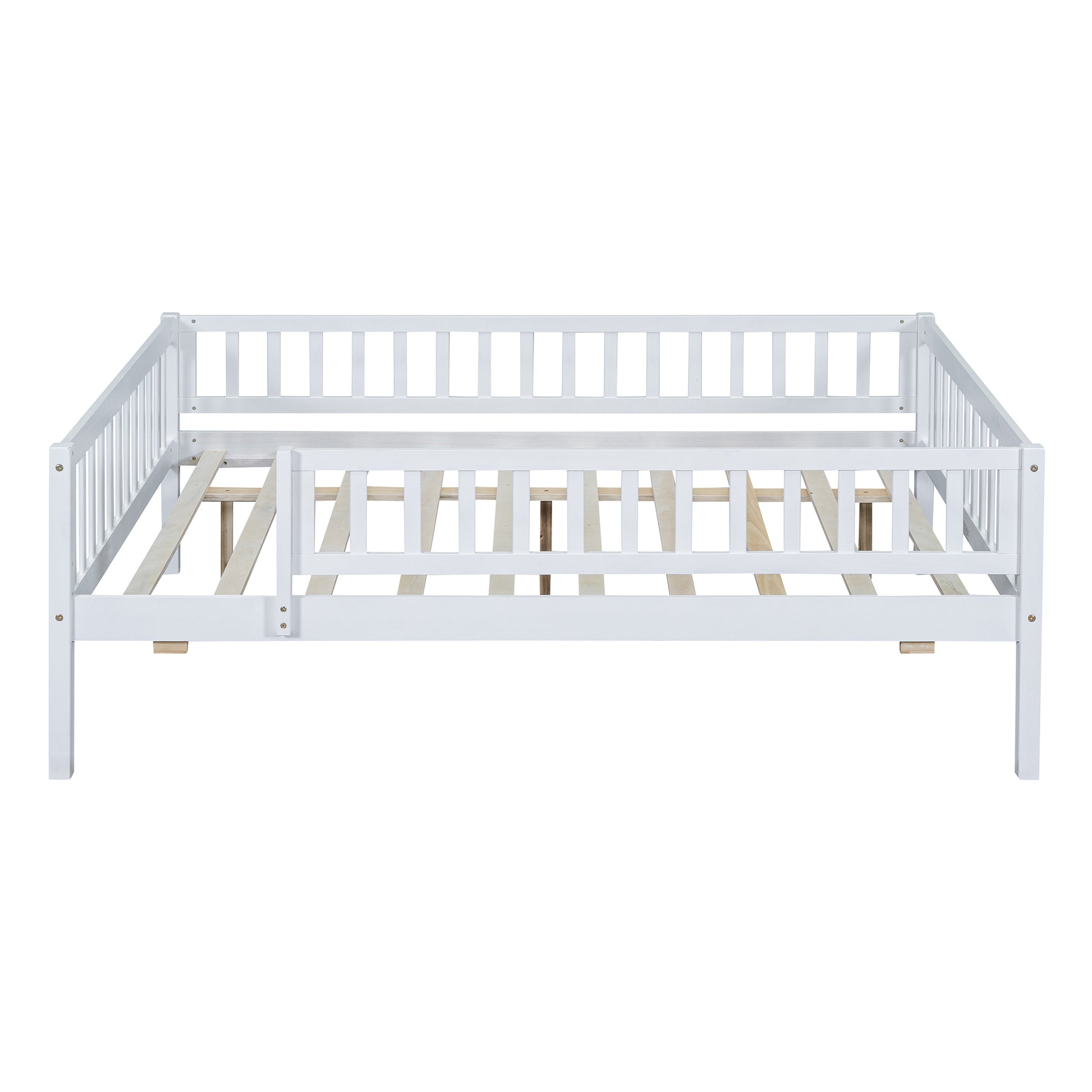 Full Size Wood Daybed With Trundle And Fence Guardrails, White Full White Solid Wood Mdf