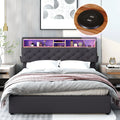 Queen Size Upholstered Platform Bed With Storage Headboard, Led, Usb Charging And 2 Drawers, Dark Gray Dark Gray Upholstered