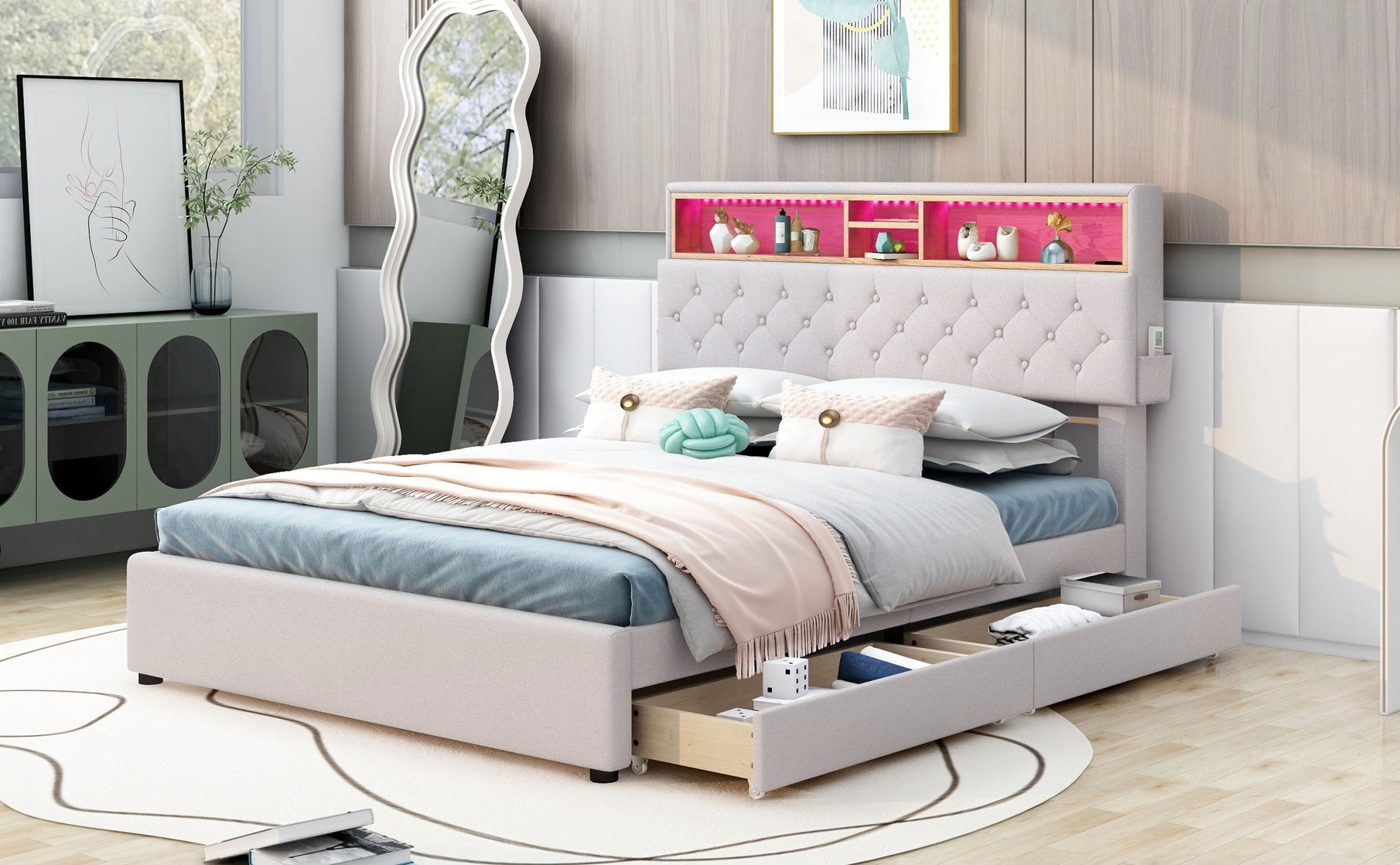 Full Size Upholstered Platform Bed With Storage Headboard, Led, Usb Charging And 2 Drawers, Beige Box Spring Not Required Beige Wood Linen Upholstered