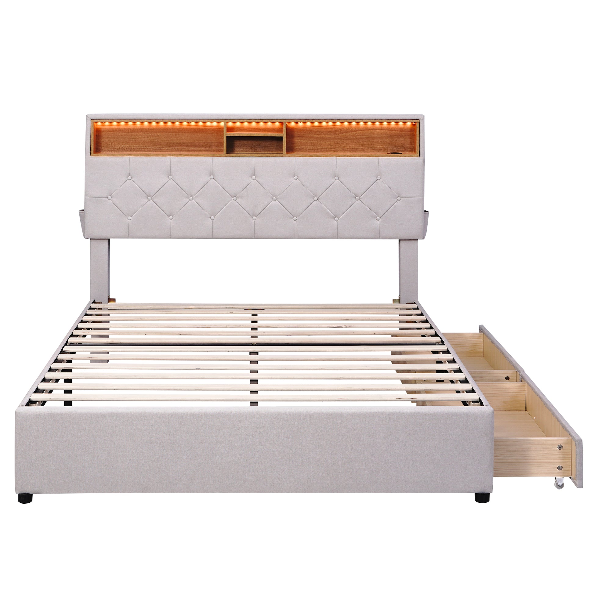 Full Size Upholstered Platform Bed With Storage Headboard, Led, Usb Charging And 2 Drawers, Beige Box Spring Not Required Beige Wood Linen Upholstered