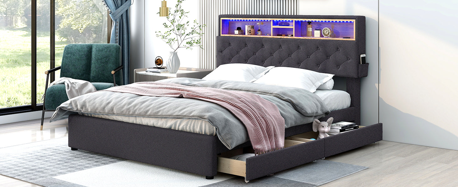 Queen Size Upholstered Platform Bed With Storage Headboard, Led, Usb Charging And 2 Drawers, Dark Gray Dark Gray Upholstered