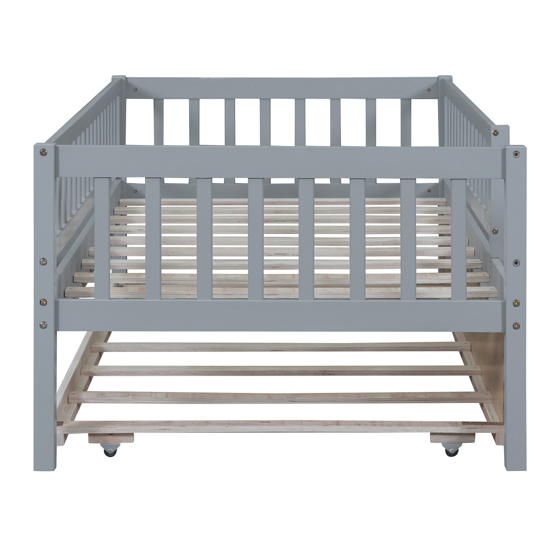 Twin Size Wood Daybed With Trundle And Fence Guardrails, Gray Twin Gray Solid Wood Mdf