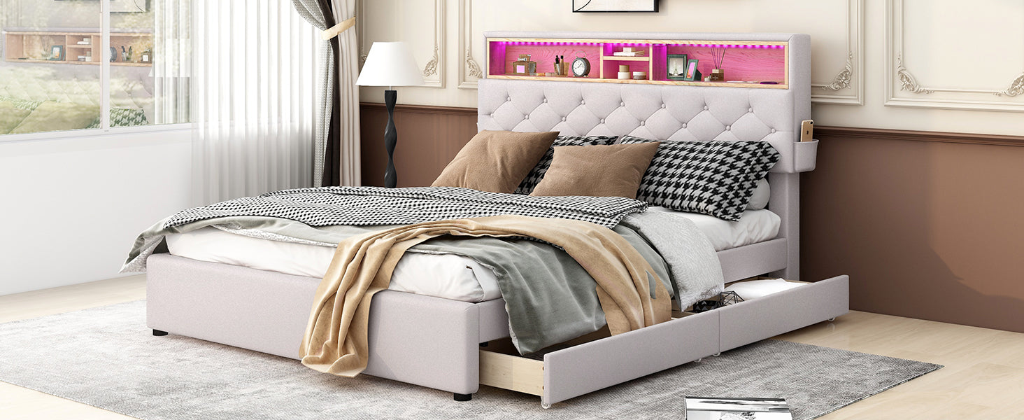 Queen Size Upholstered Platform Bed With Storage Headboard, Led, Usb Charging And 2 Drawers, Beige Beige Upholstered