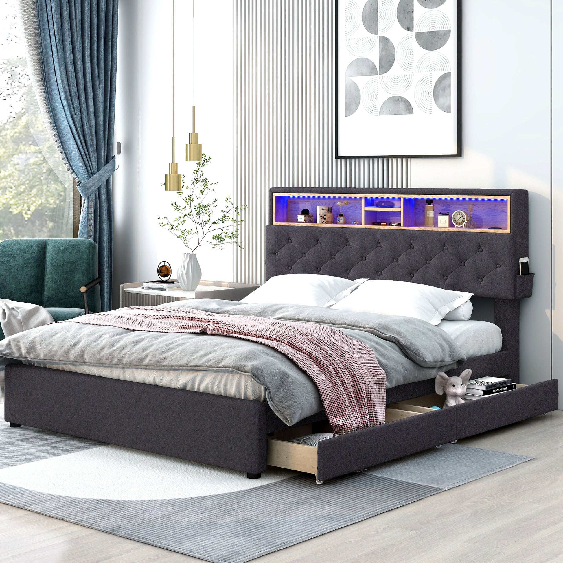 Queen Size Upholstered Platform Bed With Storage Headboard, Led, Usb Charging And 2 Drawers, Dark Gray Dark Gray Upholstered