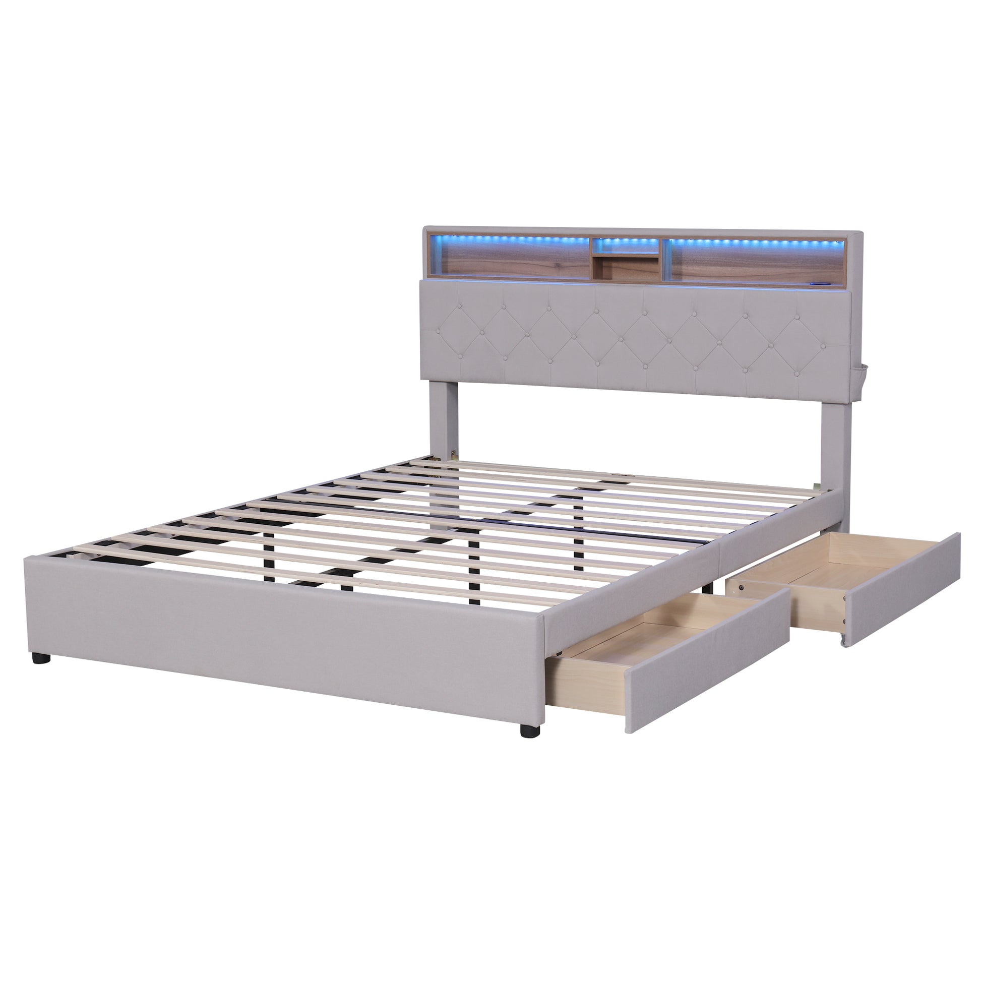 Queen Size Upholstered Platform Bed With Storage Headboard, Led, Usb Charging And 2 Drawers, Beige Beige Upholstered