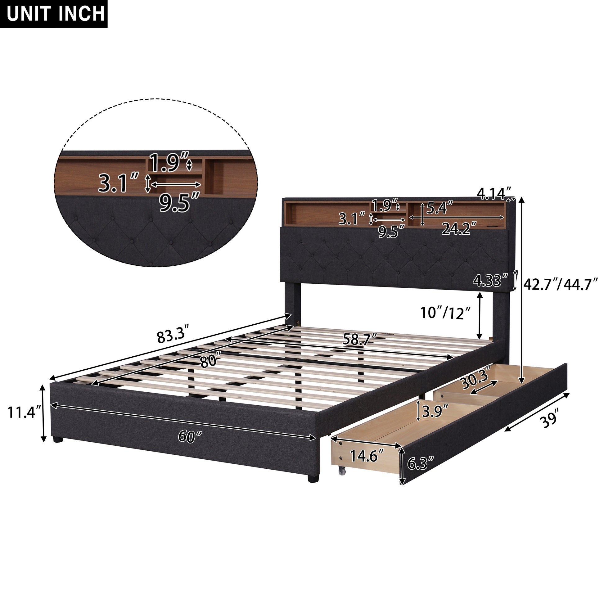 Queen Size Upholstered Platform Bed With Storage Headboard, Led, Usb Charging And 2 Drawers, Dark Gray Dark Gray Upholstered