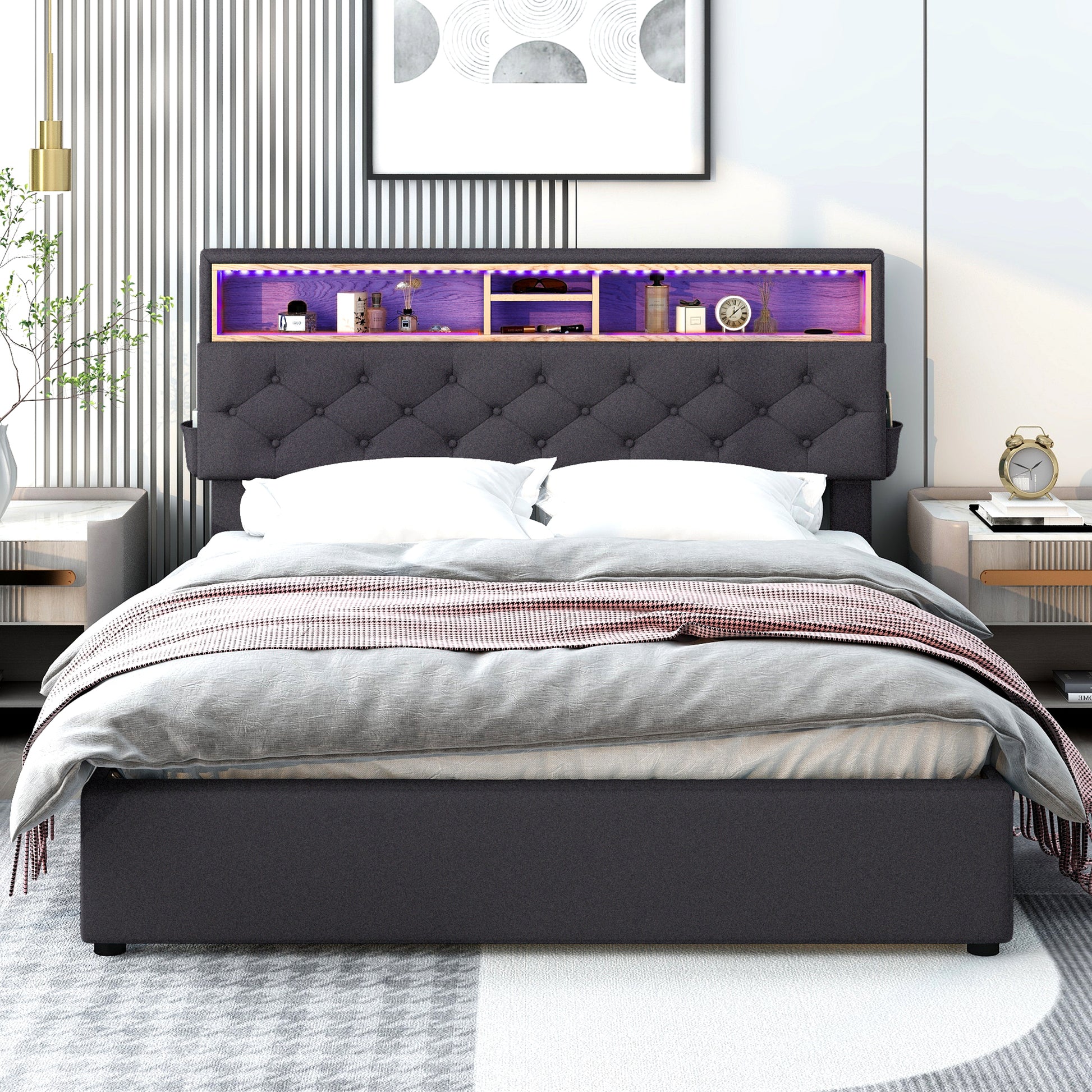 Queen Size Upholstered Platform Bed With Storage Headboard, Led, Usb Charging And 2 Drawers, Dark Gray Dark Gray Upholstered