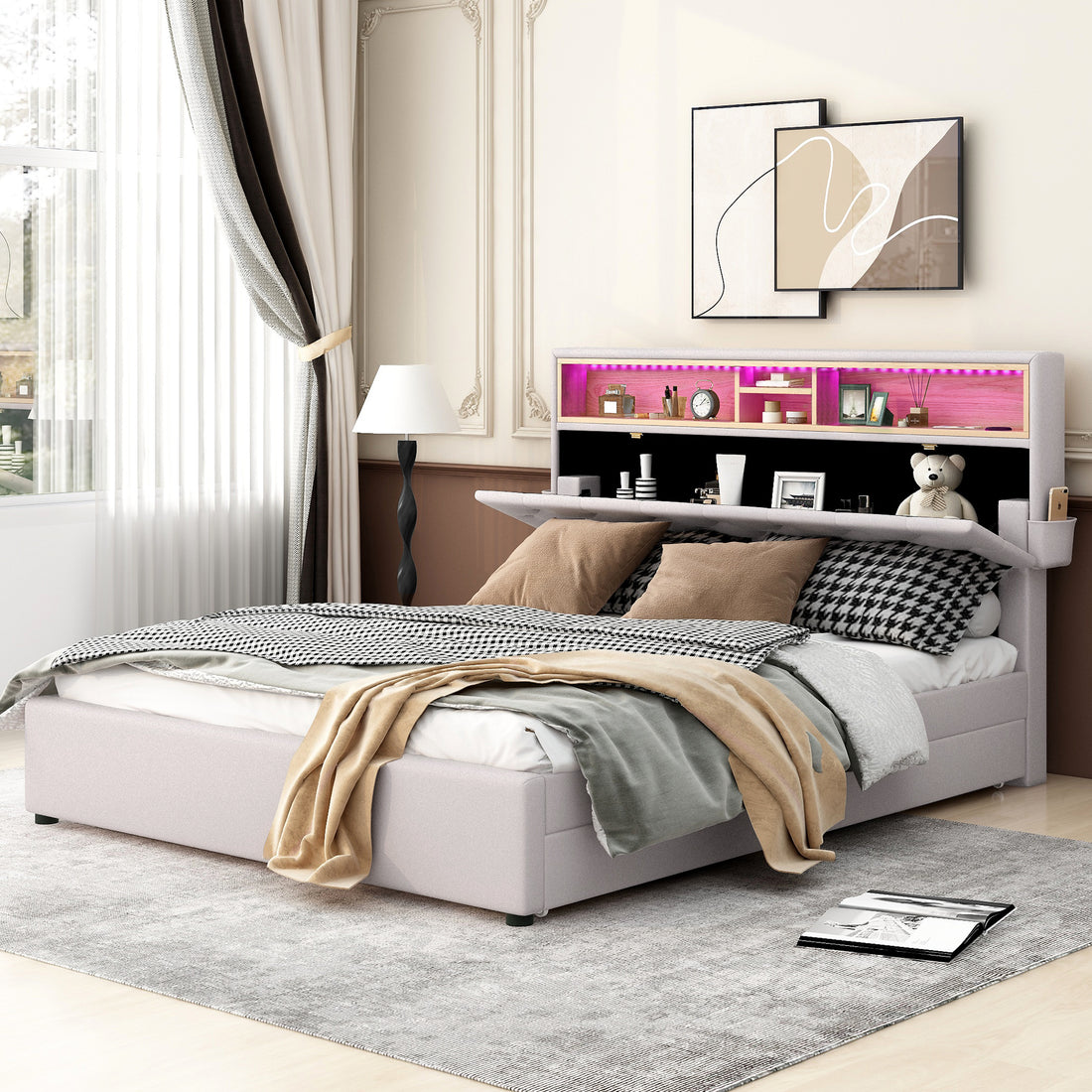 Queen Size Upholstered Platform Bed With Storage Headboard, Led, Usb Charging And 2 Drawers, Beige Beige Upholstered