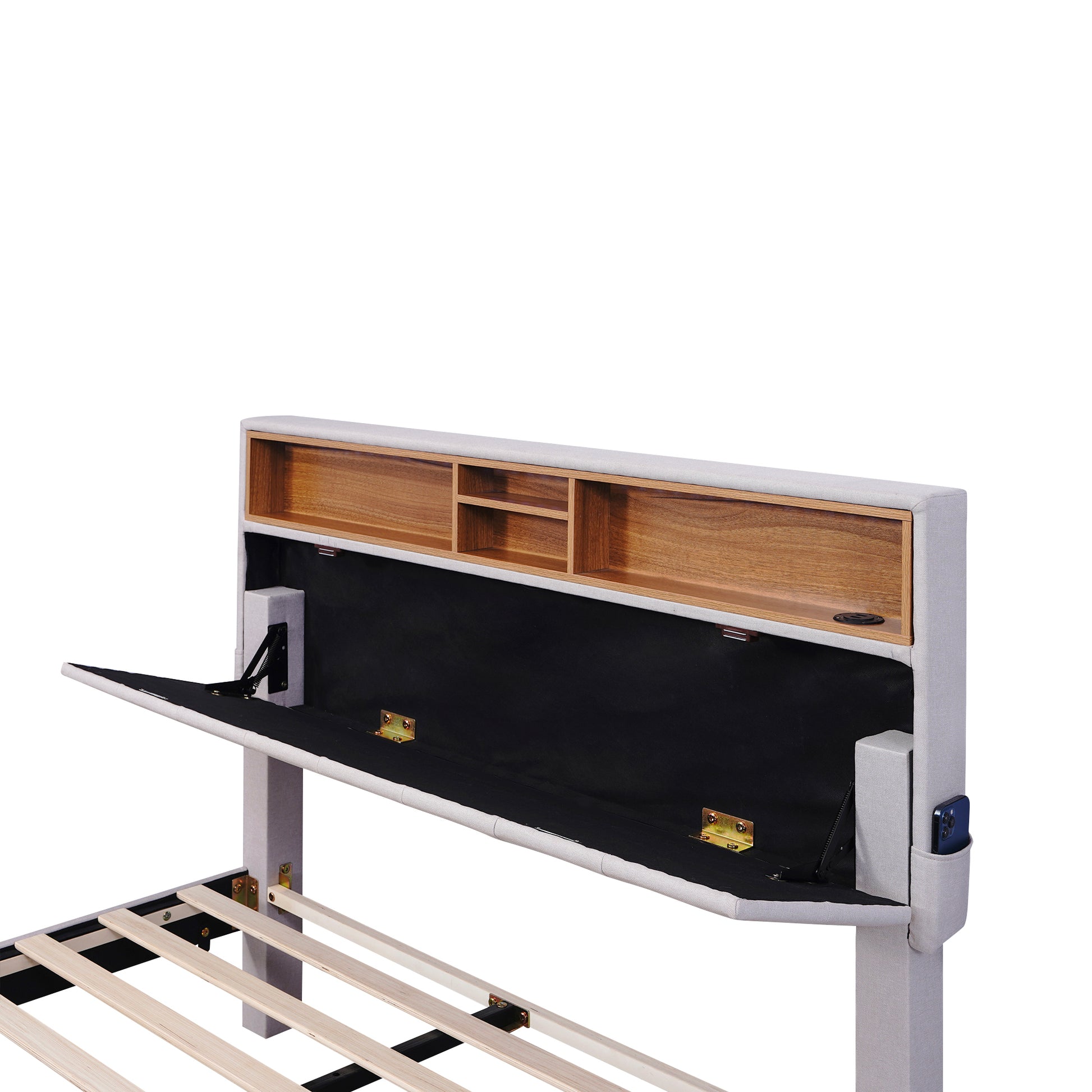 Full Size Upholstered Platform Bed With Storage Headboard, Led, Usb Charging And 2 Drawers, Beige Box Spring Not Required Beige Wood Linen Upholstered