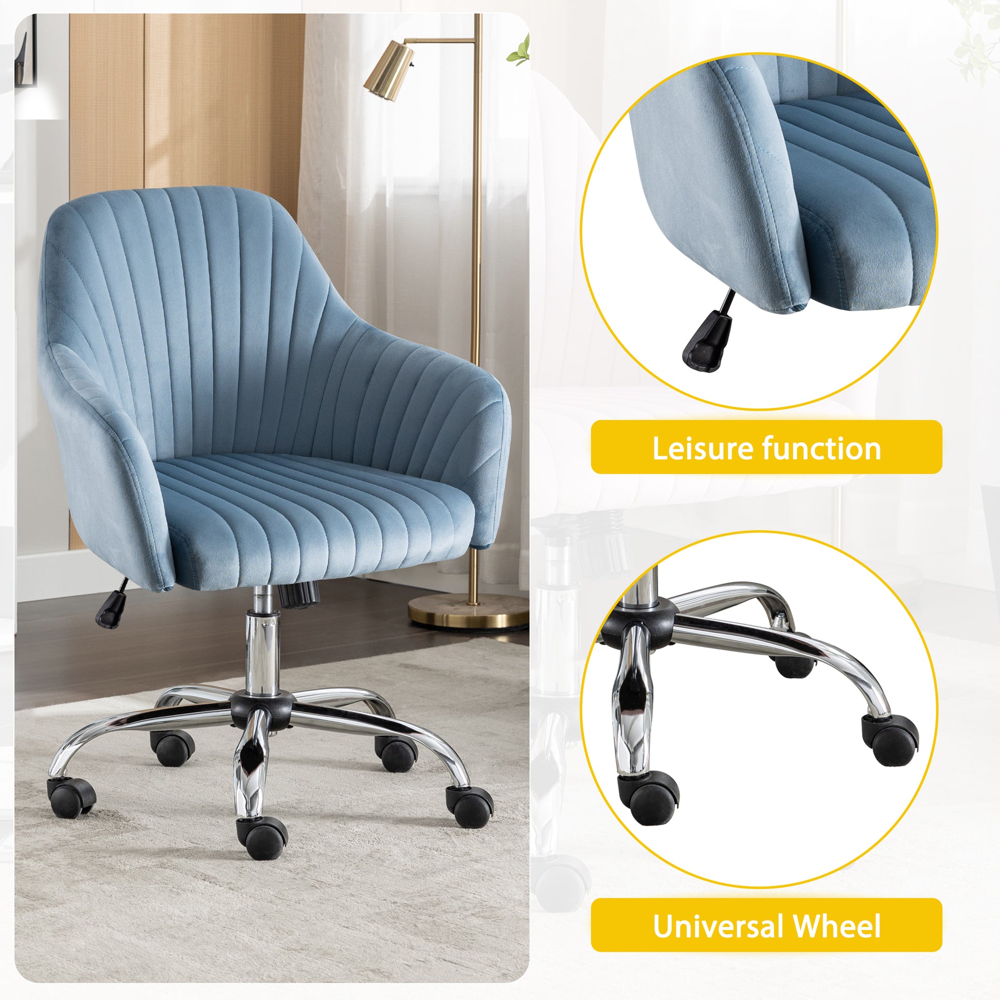 Accent Chair Modern Home Office Leisure Chair With Adjustable Velvet Height And Adjustable Casters Lightblue Light Blue Cotton Velvet
