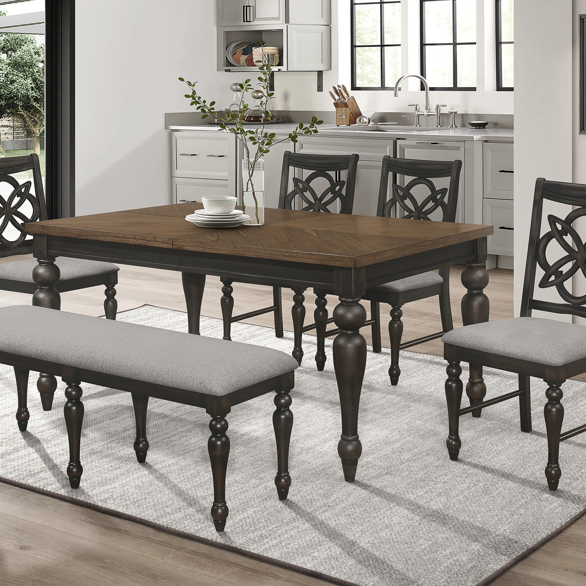 Brown Gray Finish Rectangular Extendable Table Top 18" Leaf Upholstered Seats Chair Bench Wooden Dining Room Furniture 6Pc Set Wood Wood Grey Brown Gray Seats 4 Wood Dining Room Extendable Traditional,Vintage Rectangular Rectangular Dining Table With