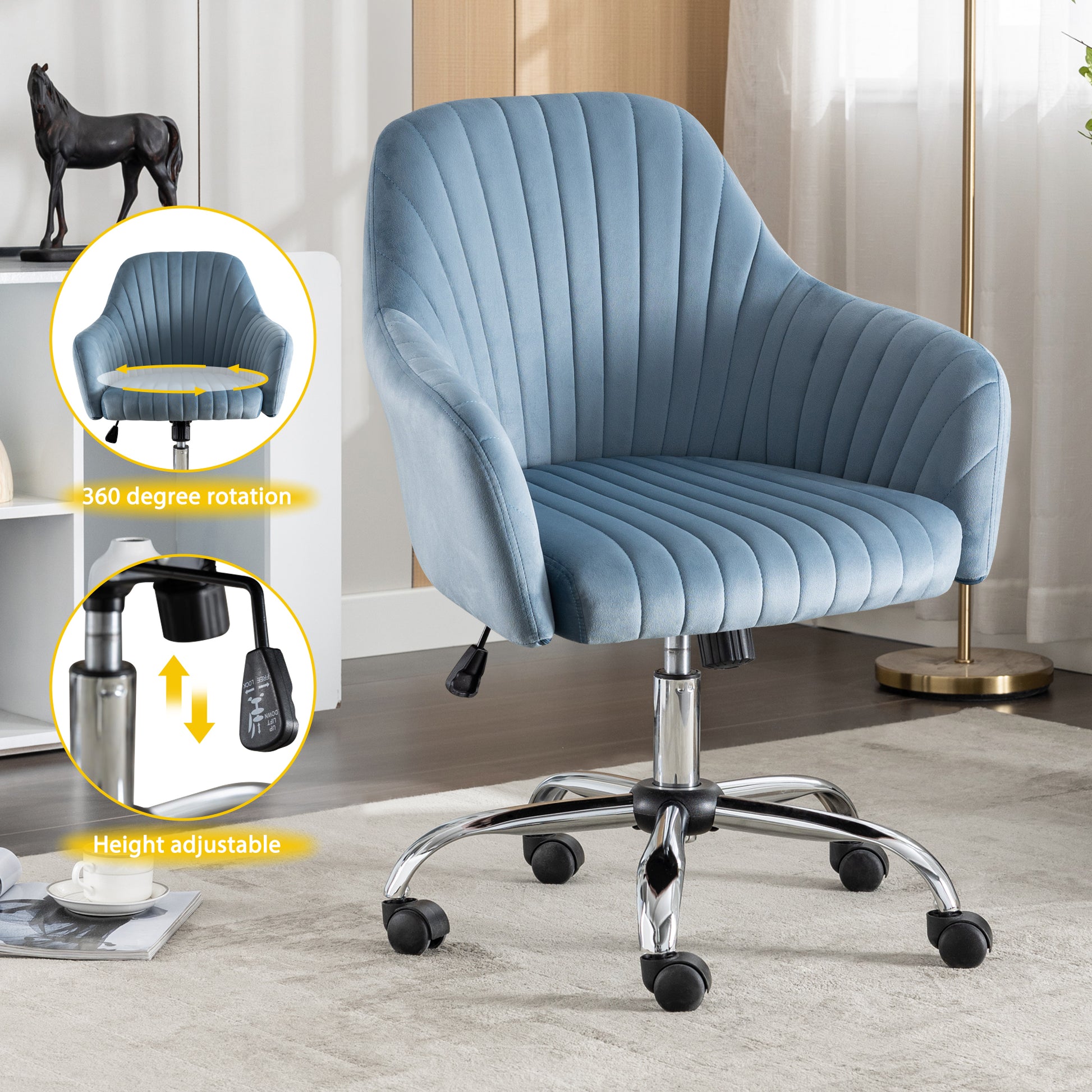Accent Chair Modern Home Office Leisure Chair With Adjustable Velvet Height And Adjustable Casters Lightblue Light Blue Cotton Velvet