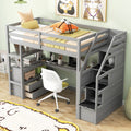Twin Size Loft Bed With Desk And Shelves, Two Built In Drawers, Storage Staircase, Gray Gray Pine