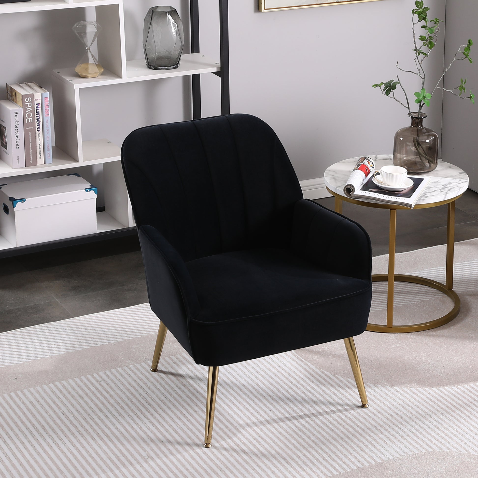 Modern Mid Century Chair Velvet Sherpa Armchair For Living Room Bedroom Office Easy Assemble Navy Black Foam Velvet