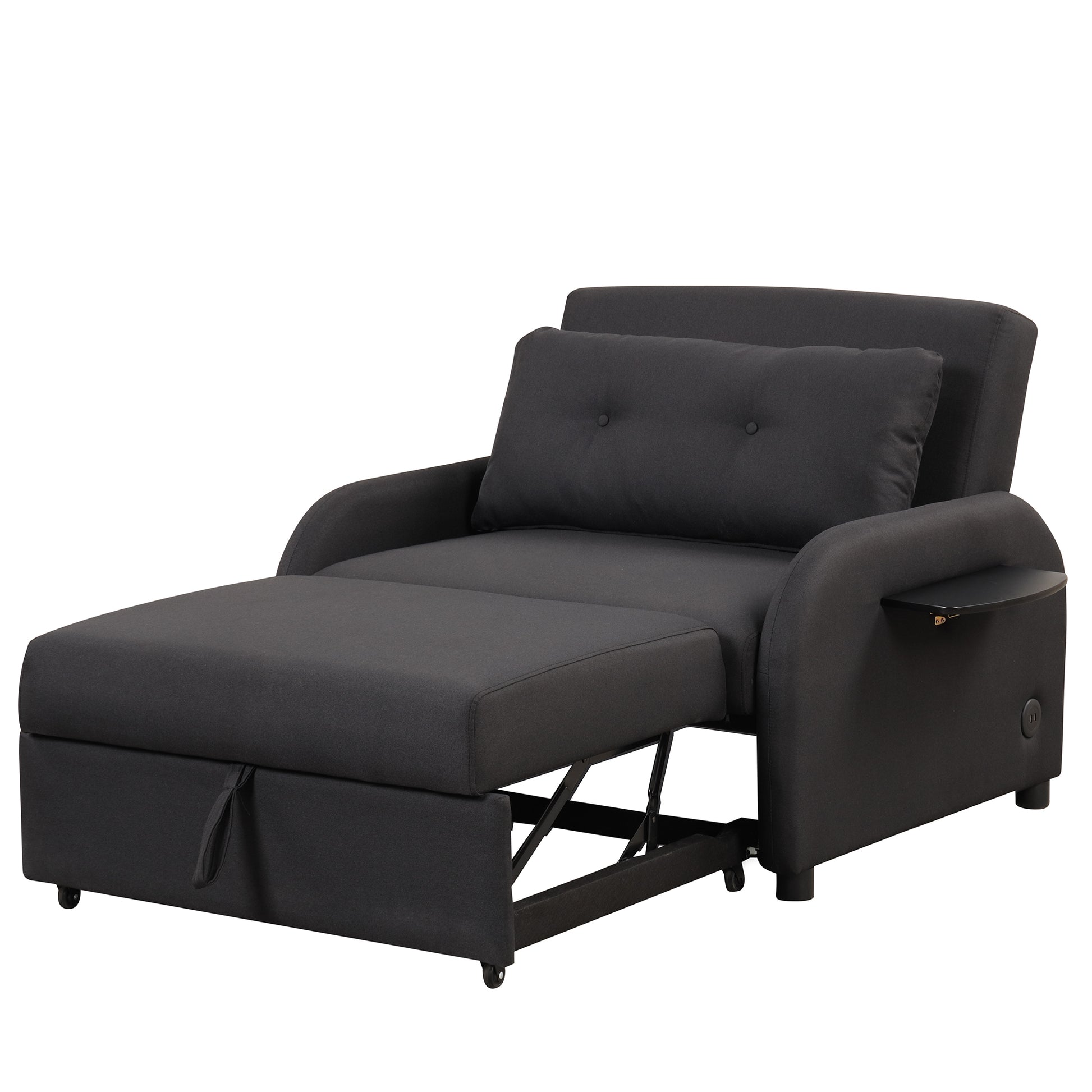 Pull Out Sofa Sleeper 3 In 1 With 2 Wing Table And Usb Charge For Nap Line Fabric For Living Room Recreation Room Black Black Foam Linen