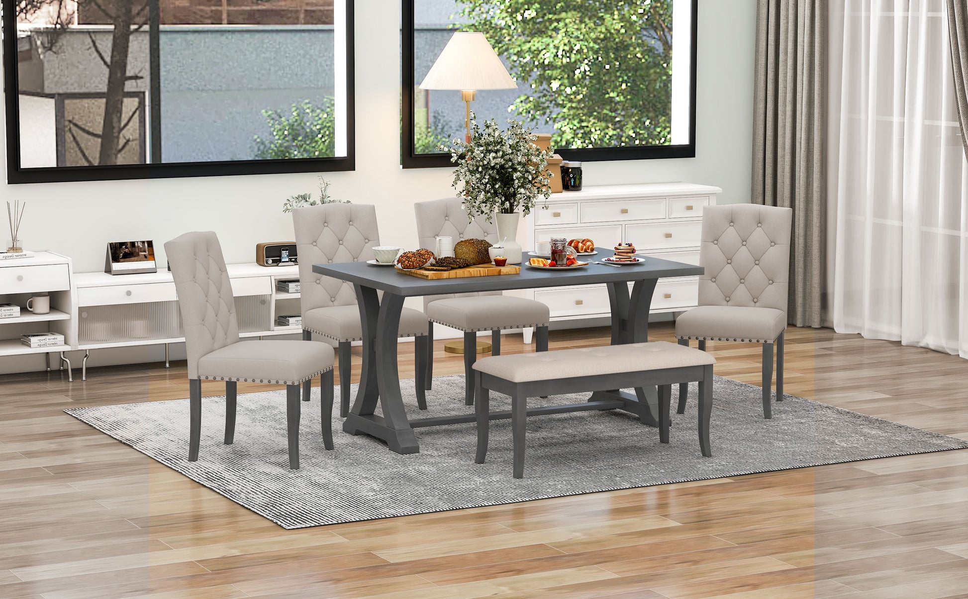 6 Piece Farmhouse Dining Table Set, Rectangular Trestle Table And 4 Upholstered Chairs & Bench For Dining Room Antique Gray Antique Gray Solid Wood