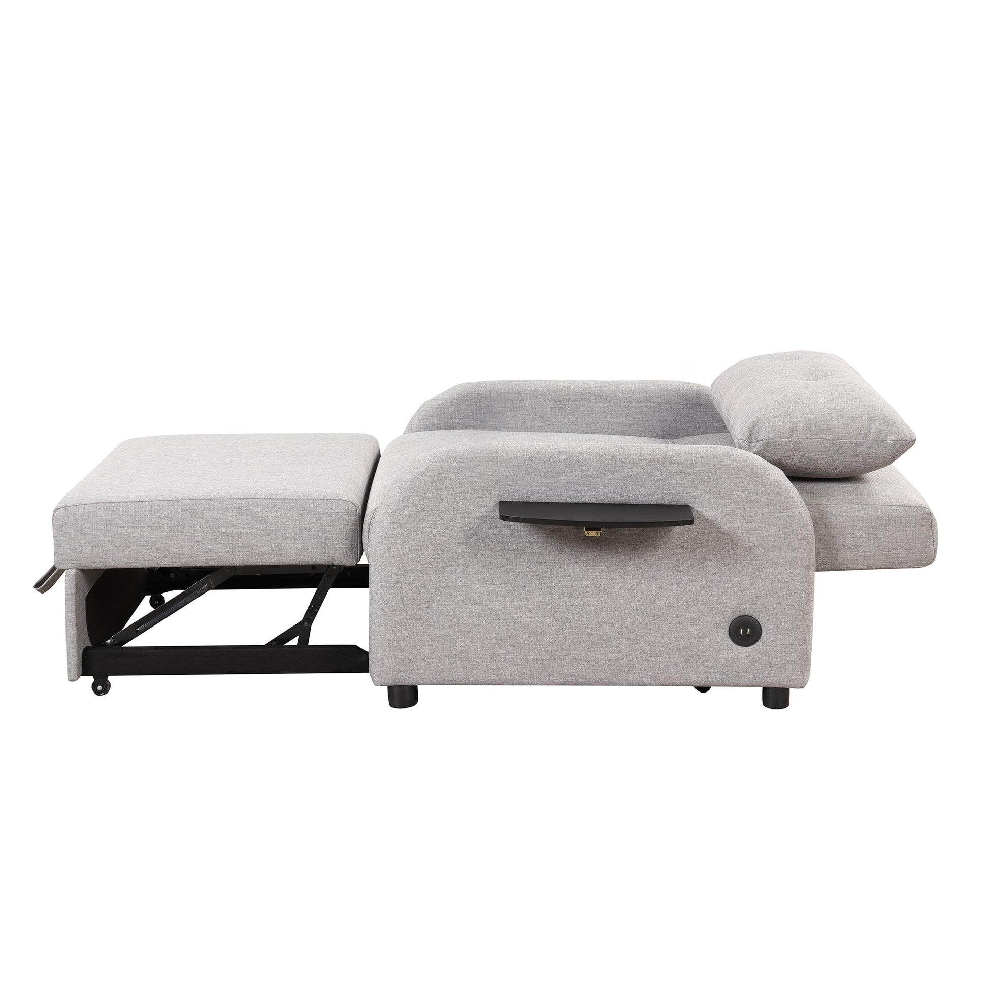 Pull Out Sofa Sleeper 3 In 1 With 2 Wing Table And Usb Charge For Nap Line Fabric For Living Room Recreation Room Grey Gray Foam Linen