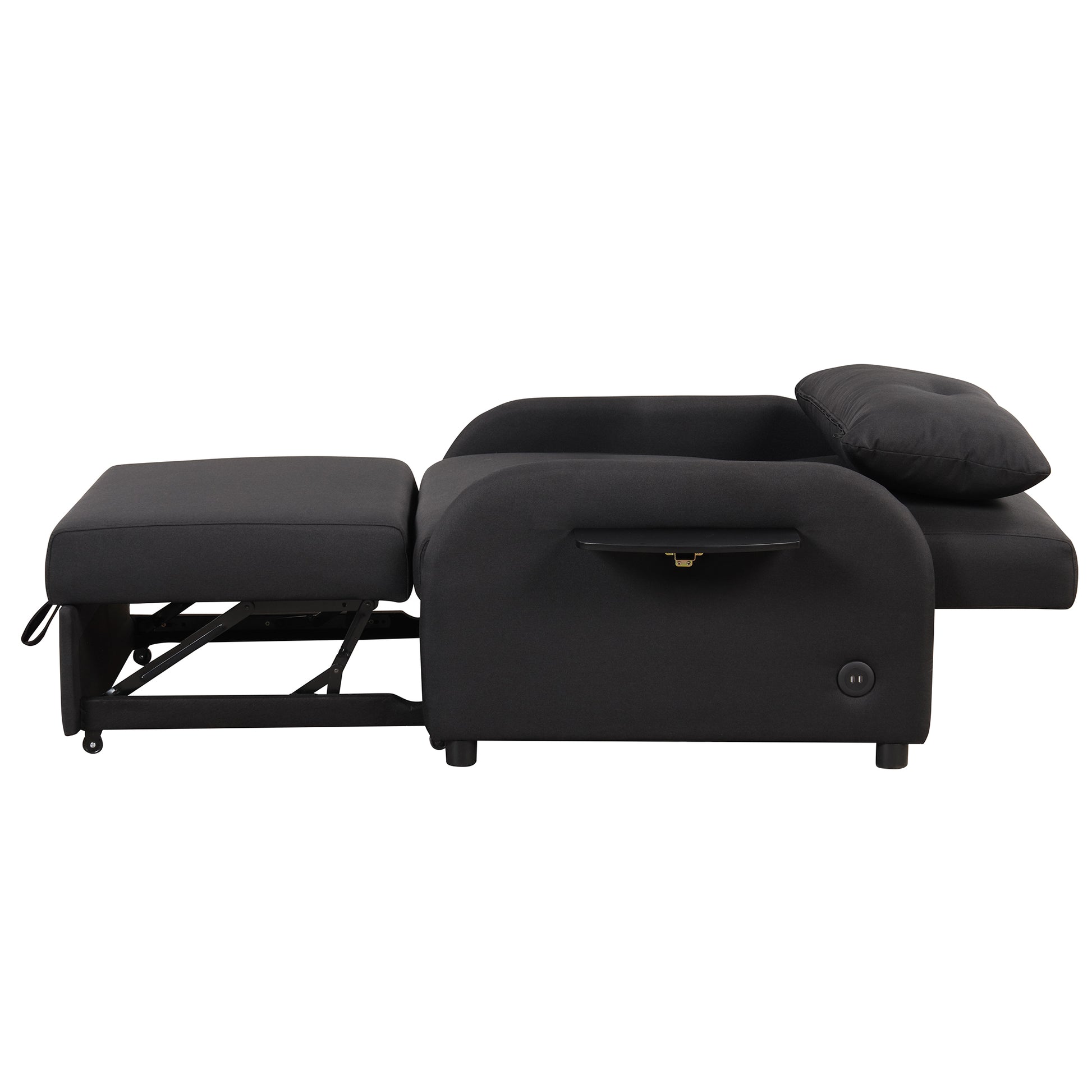 Pull Out Sofa Sleeper 3 In 1 With 2 Wing Table And Usb Charge For Nap Line Fabric For Living Room Recreation Room Black Black Foam Linen