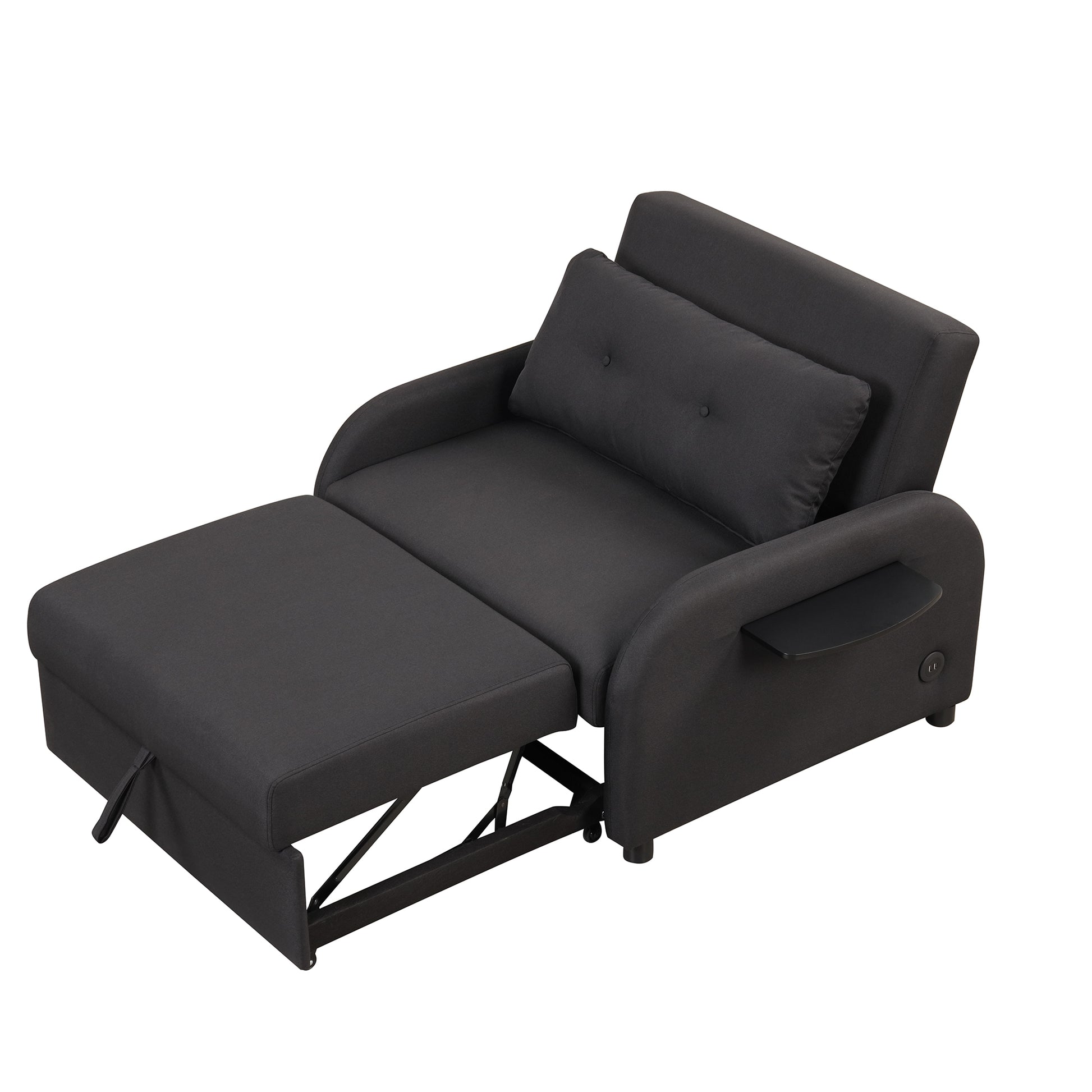 Pull Out Sofa Sleeper 3 In 1 With 2 Wing Table And Usb Charge For Nap Line Fabric For Living Room Recreation Room Black Black Foam Linen