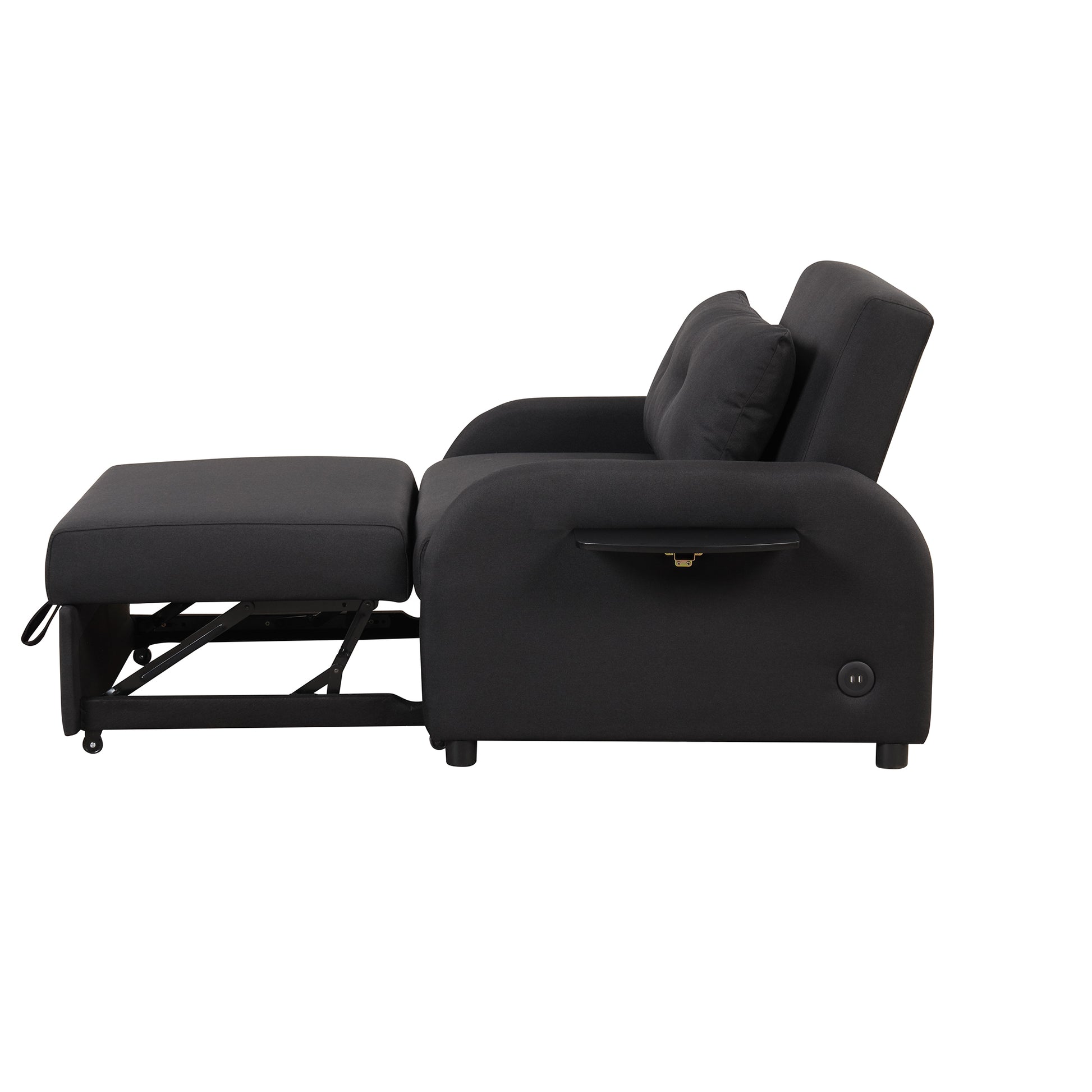 Pull Out Sofa Sleeper 3 In 1 With 2 Wing Table And Usb Charge For Nap Line Fabric For Living Room Recreation Room Black Black Foam Linen