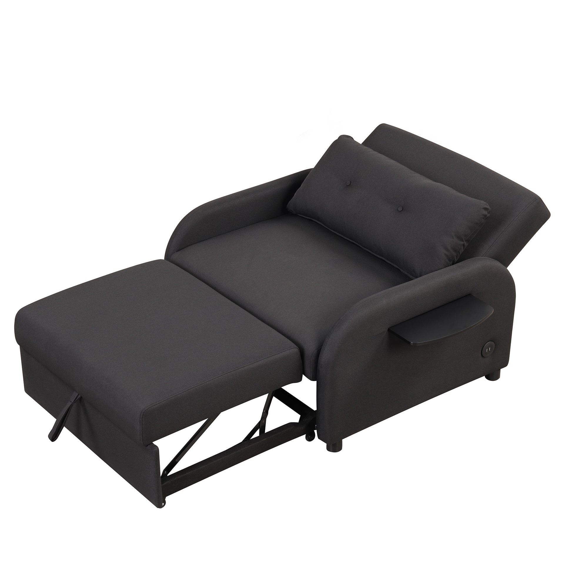 Pull Out Sofa Sleeper 3 In 1 With 2 Wing Table And Usb Charge For Nap Line Fabric For Living Room Recreation Room Black Black Foam Linen