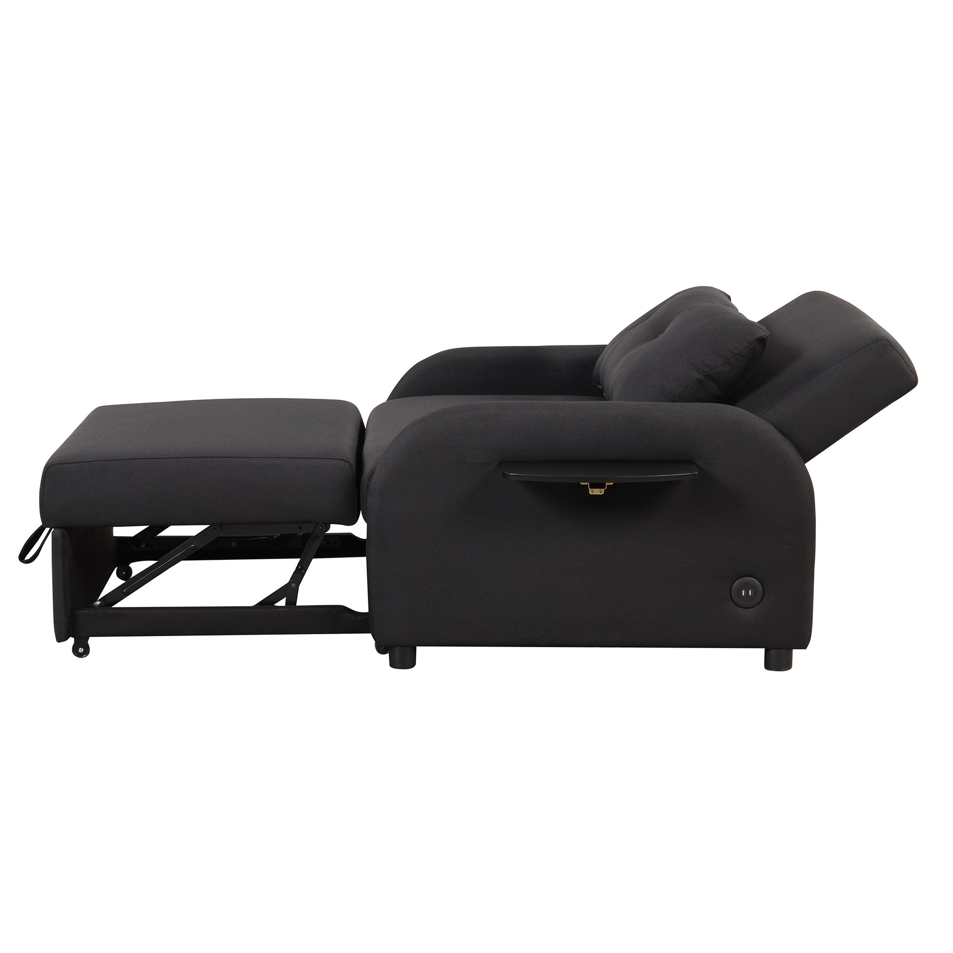 Pull Out Sofa Sleeper 3 In 1 With 2 Wing Table And Usb Charge For Nap Line Fabric For Living Room Recreation Room Black Black Foam Linen