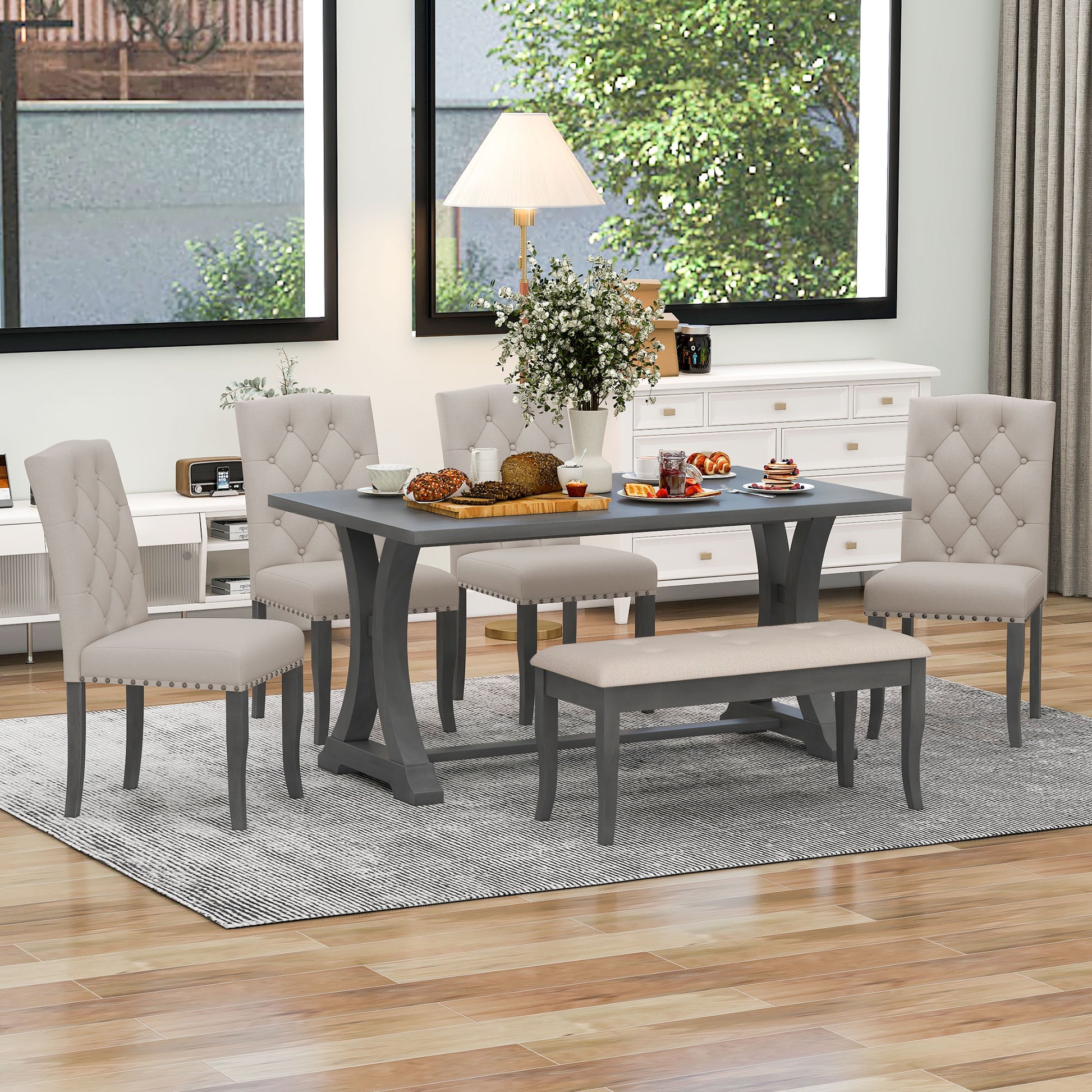 6 Piece Farmhouse Dining Table Set, Rectangular Trestle Table And 4 Upholstered Chairs & Bench For Dining Room Antique Gray Antique Gray Solid Wood