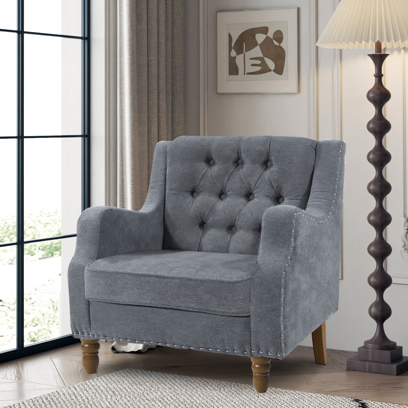 Grey Accent Chair, Living Room Chair, Footrest Chair Set With Vintage Brass Studs, Button Tufted Upholstered Armchair For Living Room, Comfy Reading Chair For Bedroom, Reception Room Grey Linen