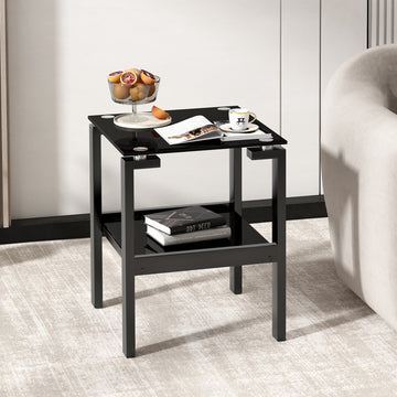 Black Tempered Glass End Table With 2 Layer, Small Side Table For Living Room Black Square Glass