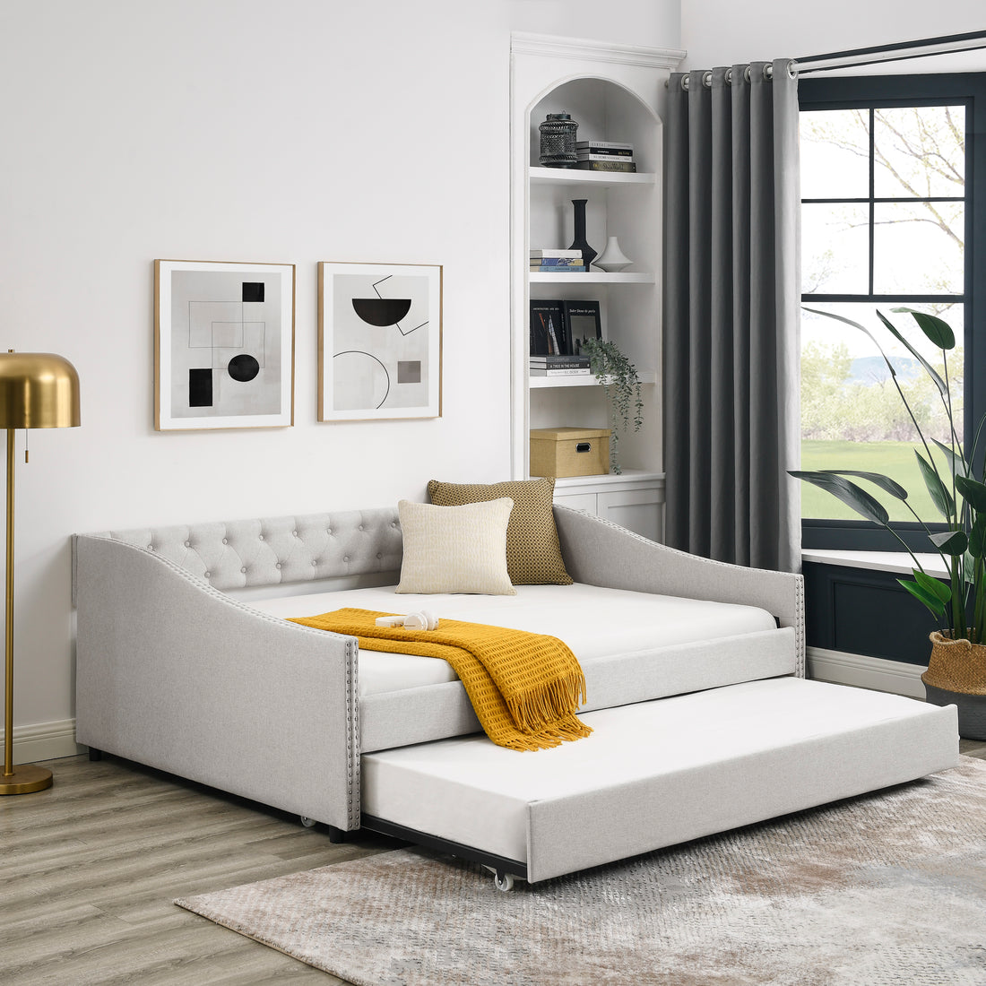 Full Size Daybed With Twin Size Trundle Upholstered Tufted Sofa Bed, With Button On Back And Copper Nail On Waved Shape Arms,Beige 80.5"X55.5"X27.5" Beige Polyester