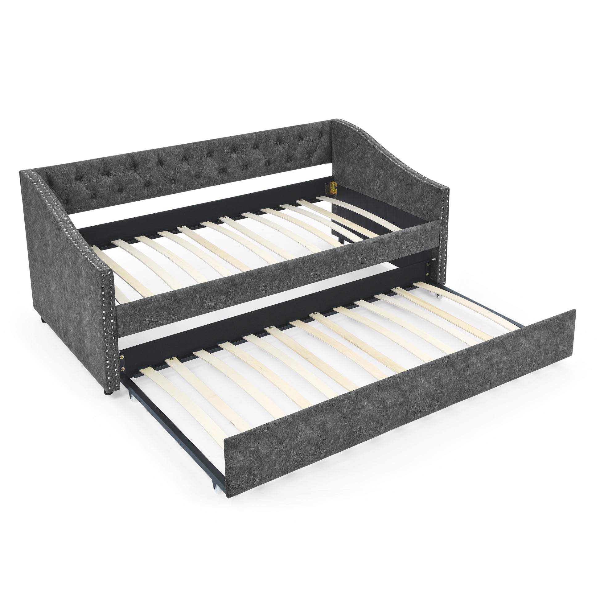 Twin Size Daybed With Twin Size Trundle Upholstered Tufted Sofa Bed, With Button On Back And Copper Nail On Waved Shape Arms, Grey 80.5"X41"X30.5" Grey Polyester