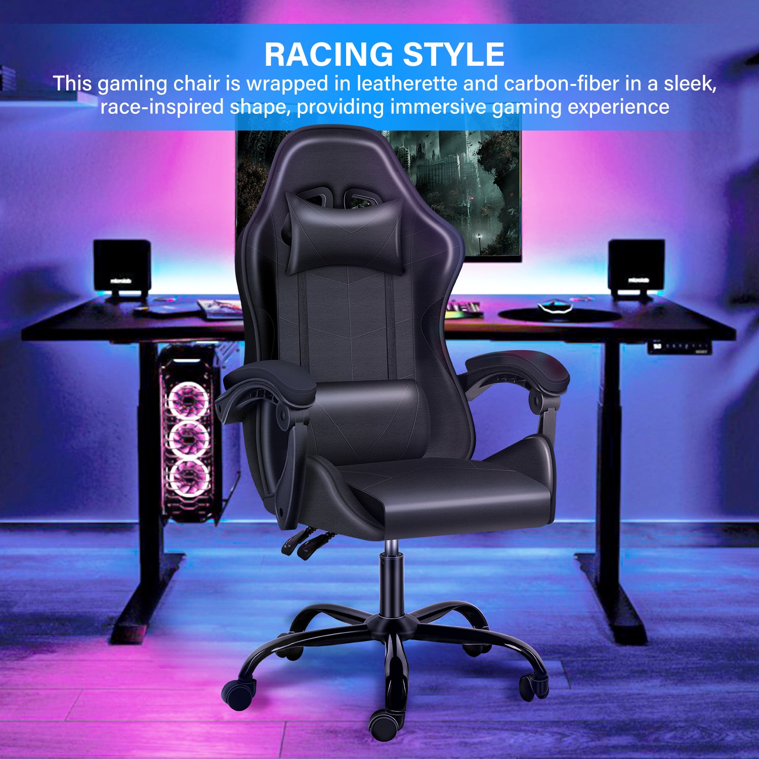 Yssoa Racing Video Backrest And Seat Height Recliner Gaming Office High Back Computer Ergonomic Adjustable Swivel Chair, Without Footrest, Black Black Leather