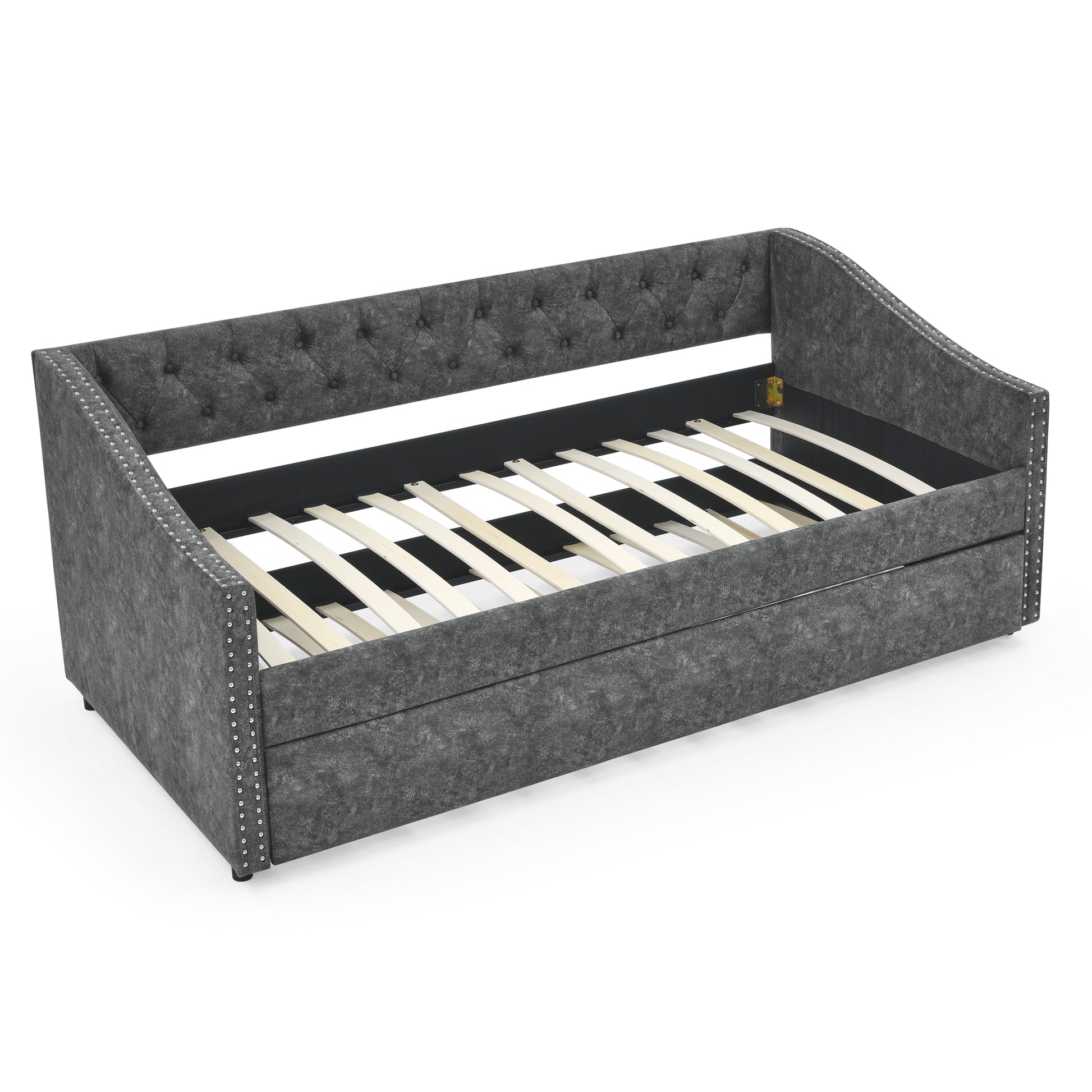 Twin Size Daybed With Twin Size Trundle Upholstered Tufted Sofa Bed, With Button On Back And Copper Nail On Waved Shape Arms, Grey 80.5"X41"X30.5" Grey Polyester