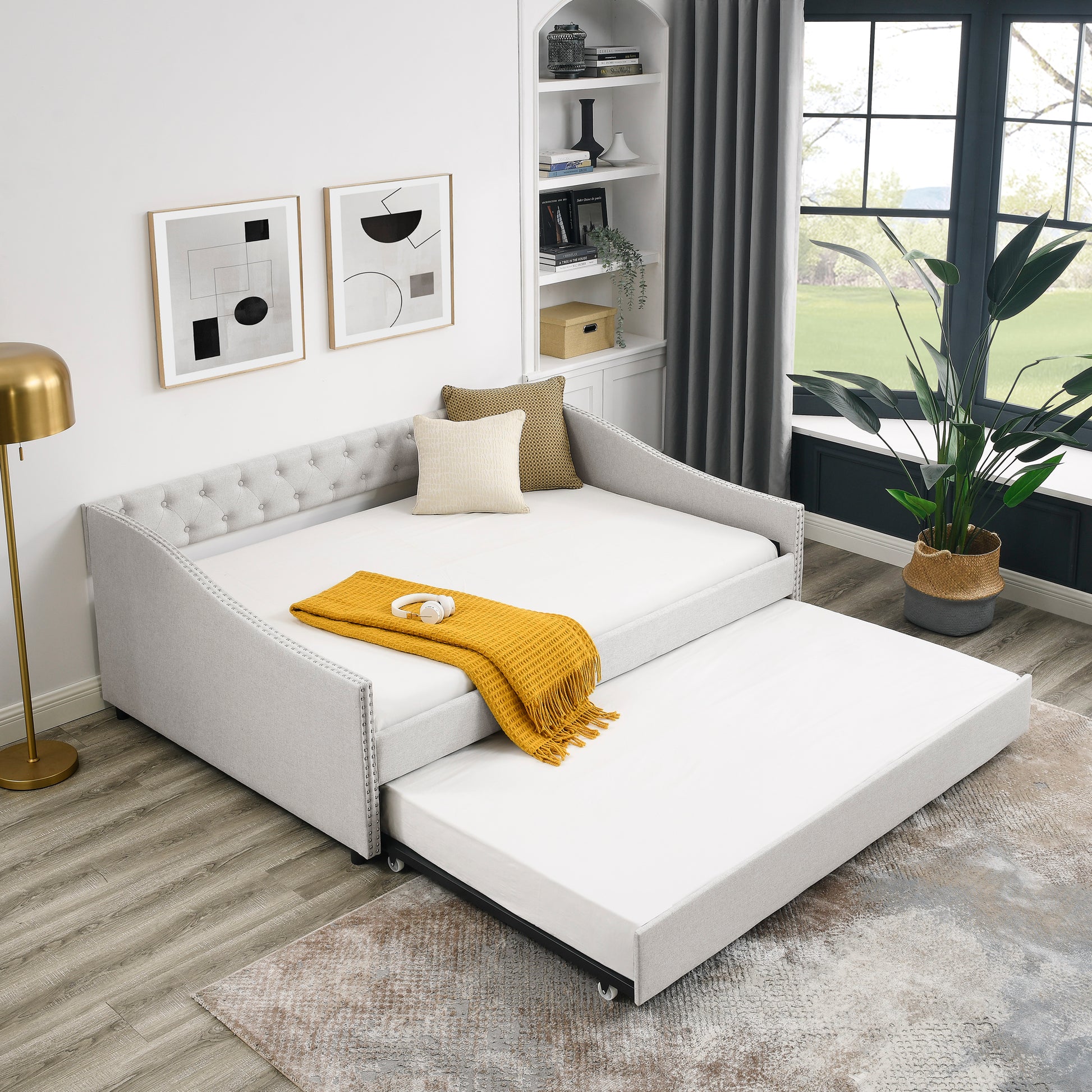 Full Size Daybed With Twin Size Trundle Upholstered Tufted Sofa Bed, With Button On Back And Copper Nail On Waved Shape Arms,Beige 80.5"X55.5"X27.5" Beige Polyester
