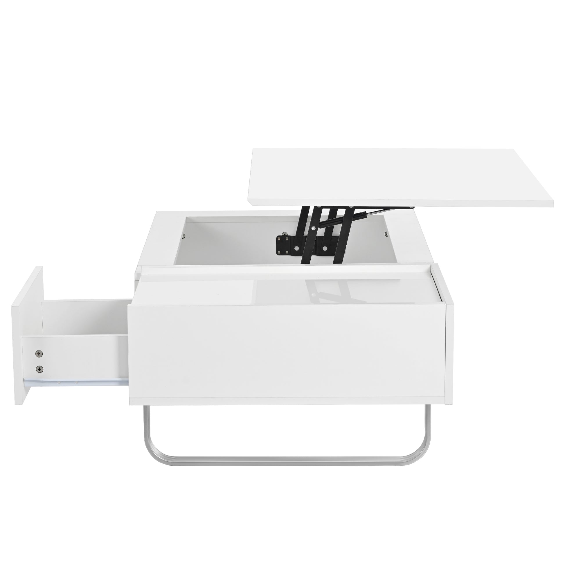 Multi Functional Coffee Table With Lifted Tabletop, Contemporary Cocktail Table With Metal Frame Legs, High Gloss Surface Dining Table For Living Room, White White Soft Close Drawers Primary Living Space Contemporary Manual Freestanding Rectangular Hutch