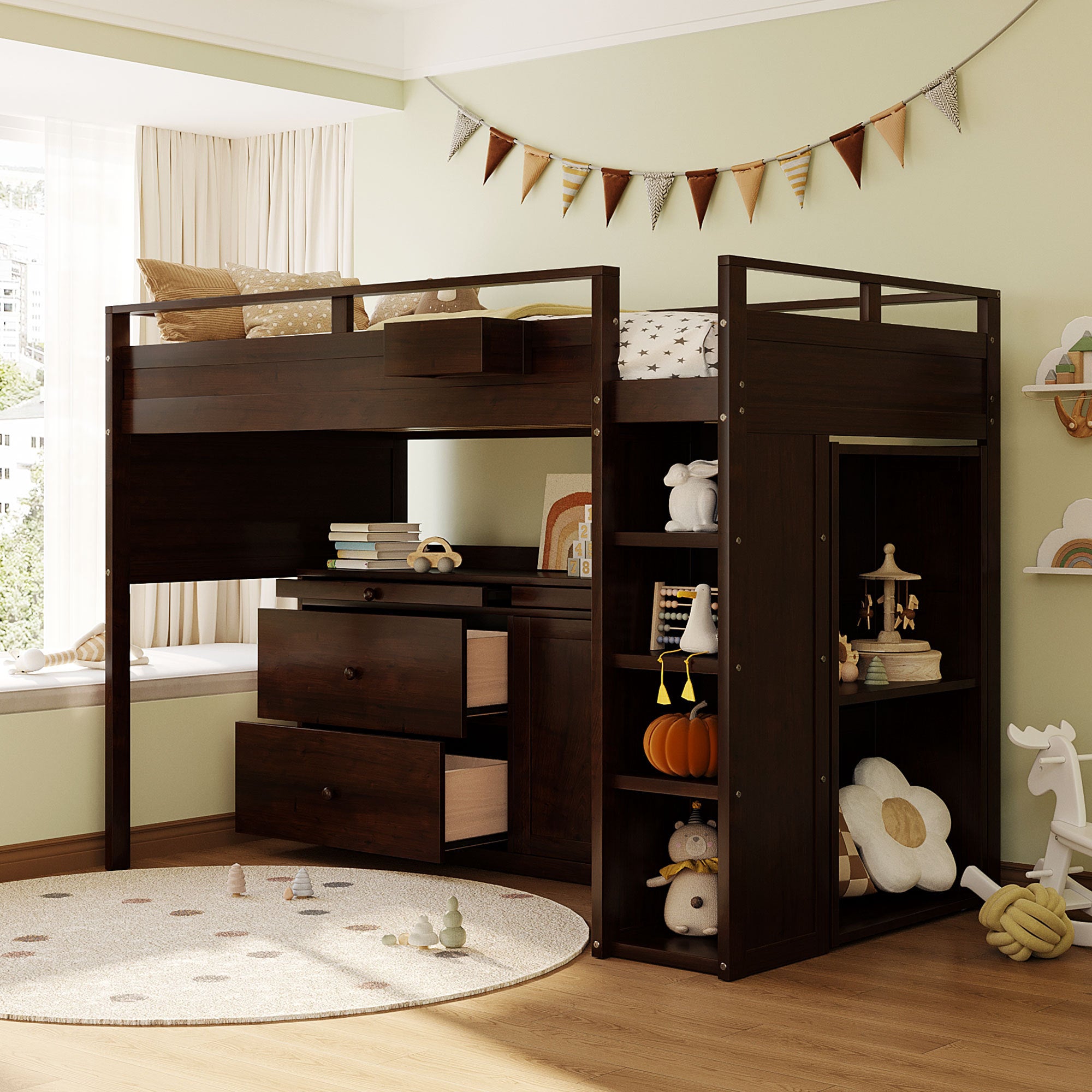 Loft Bed With Rolling Cabinet And Desk Espresso Espresso Solid Wood Mdf