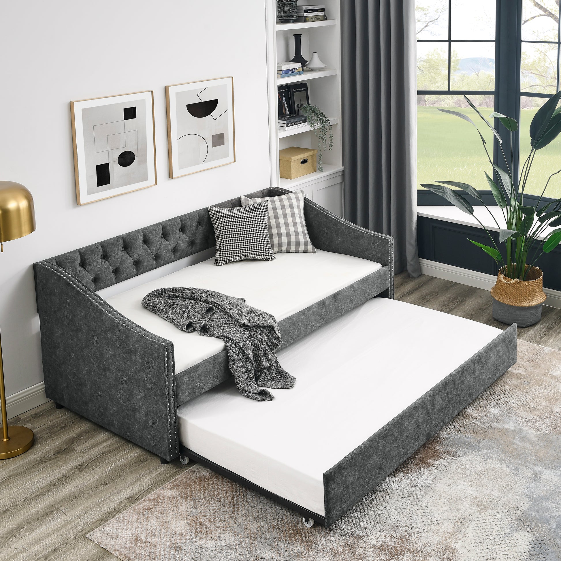 Twin Size Daybed With Twin Size Trundle Upholstered Tufted Sofa Bed, With Button On Back And Copper Nail On Waved Shape Arms, Grey 80.5"X41"X30.5" Grey Polyester