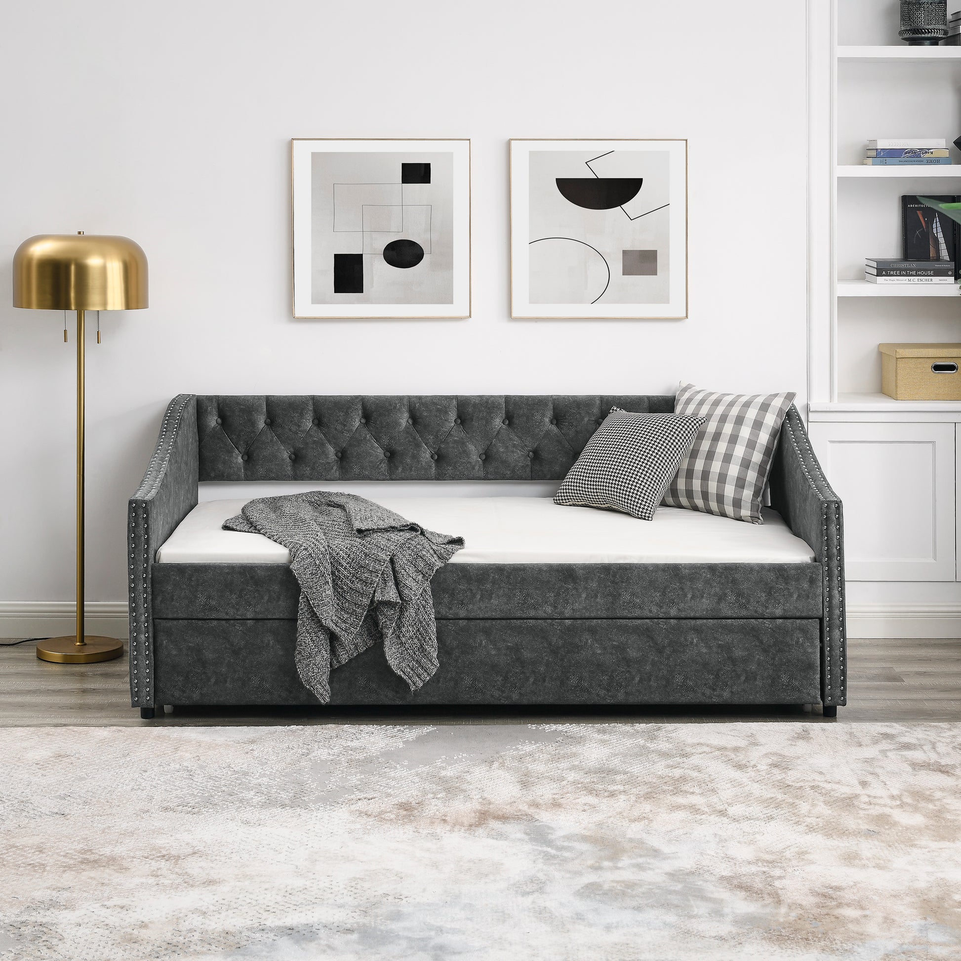 Twin Size Daybed With Twin Size Trundle Upholstered Tufted Sofa Bed, With Button On Back And Copper Nail On Waved Shape Arms, Grey 80.5"X41"X30.5" Grey Polyester