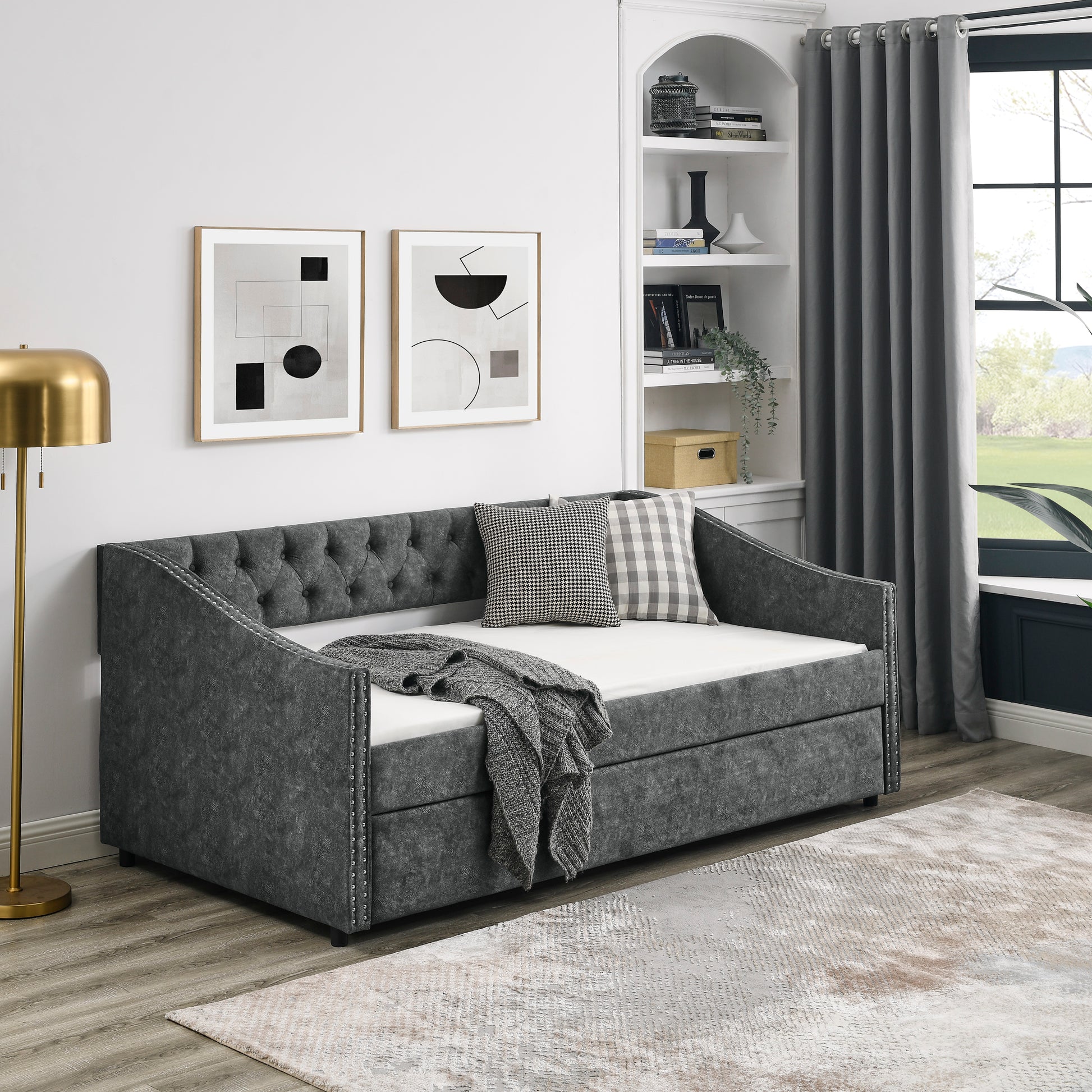 Twin Size Daybed With Twin Size Trundle Upholstered Tufted Sofa Bed, With Button On Back And Copper Nail On Waved Shape Arms, Grey 80.5"X41"X30.5" Grey Polyester