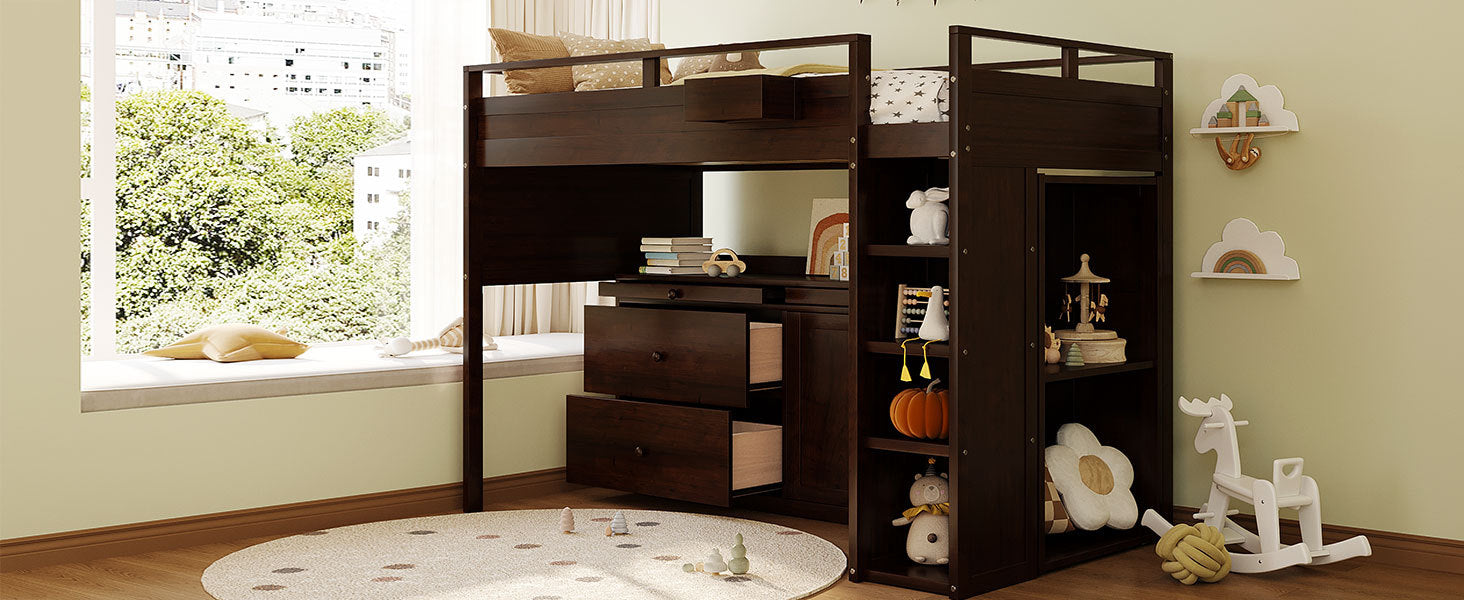 Loft Bed With Rolling Cabinet And Desk Espresso Espresso Solid Wood Mdf