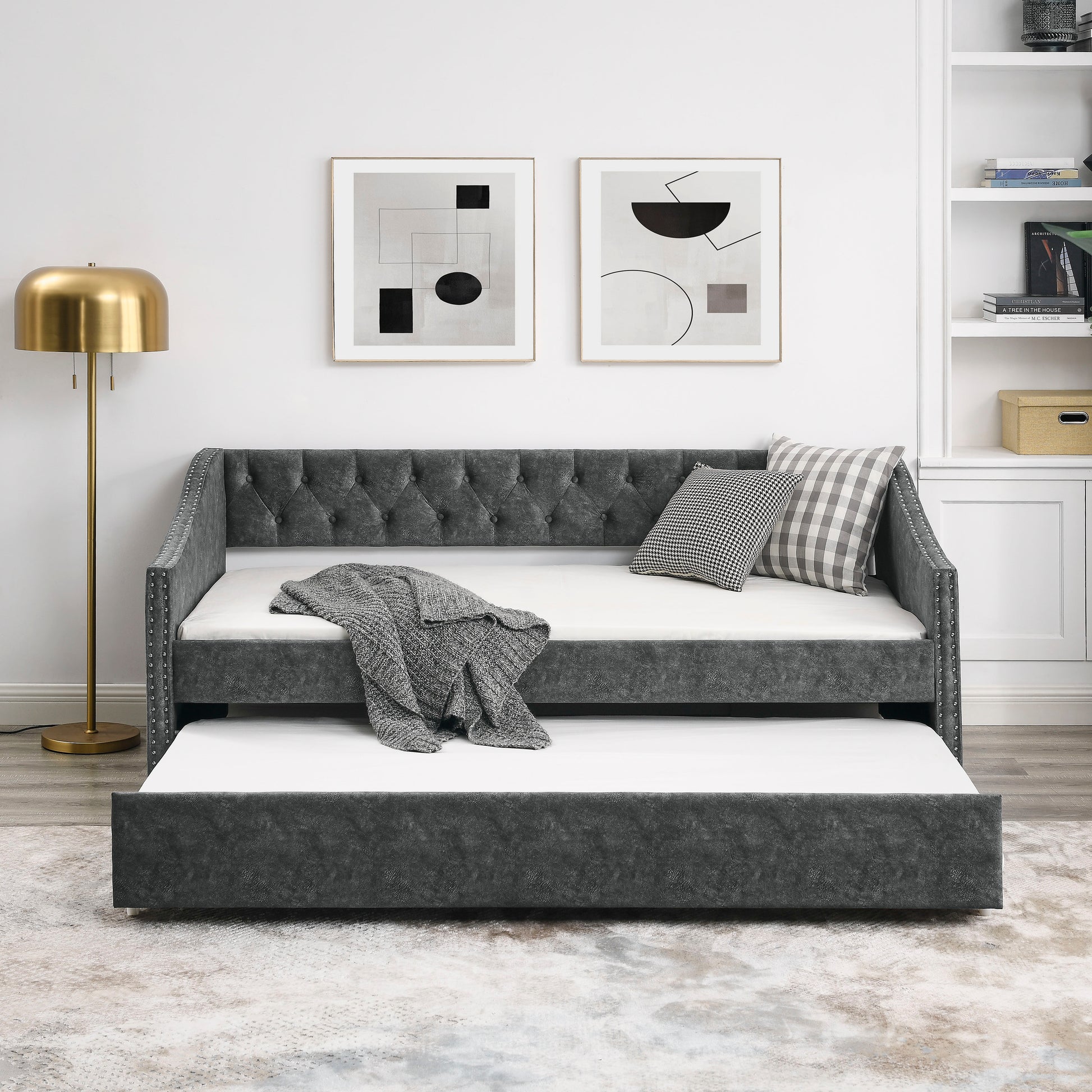 Twin Size Daybed With Twin Size Trundle Upholstered Tufted Sofa Bed, With Button On Back And Copper Nail On Waved Shape Arms, Grey 80.5"X41"X30.5" Grey Polyester